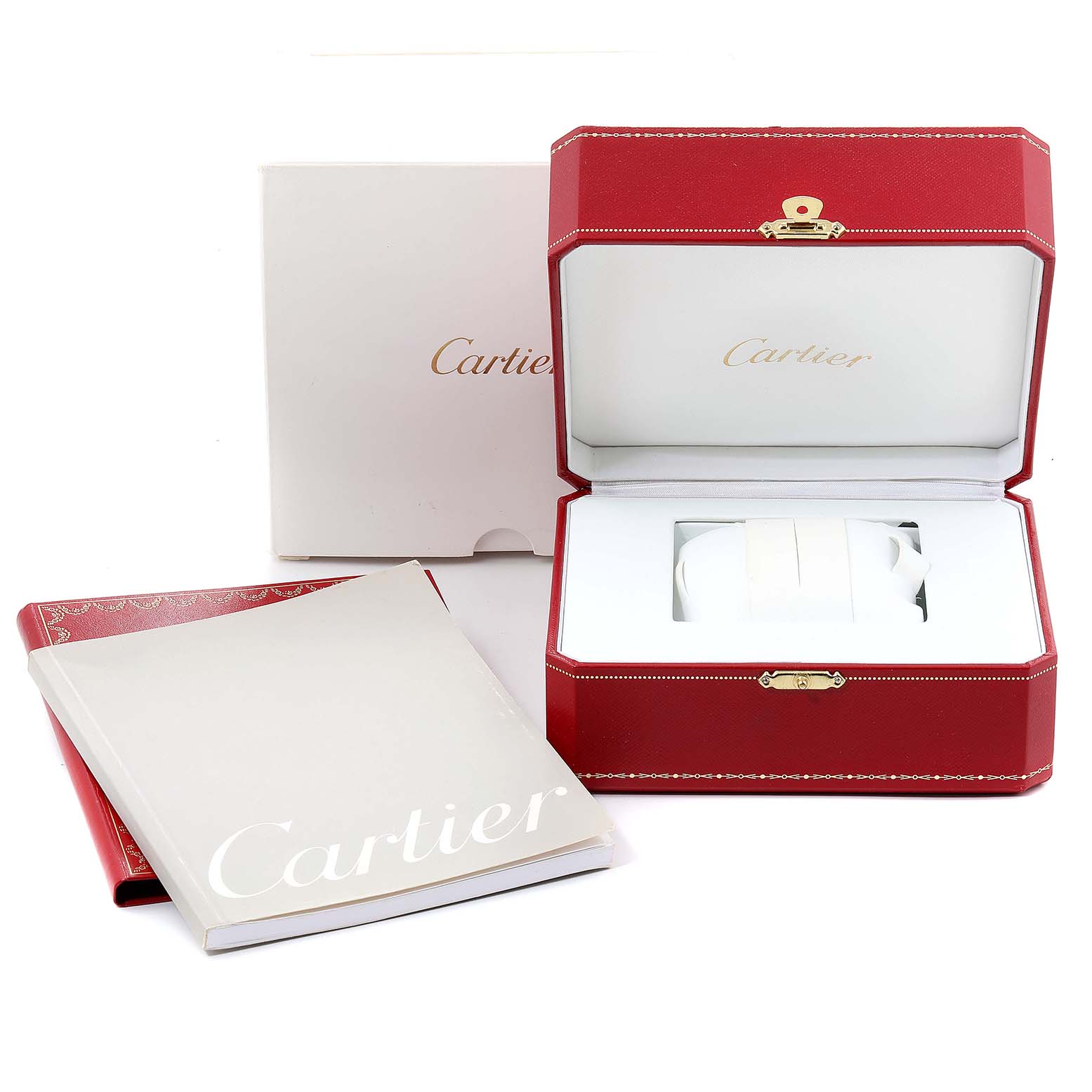 The image shows the box and documentation of the Cartier Tank Française watch, including an outer box, watch case, and booklet.