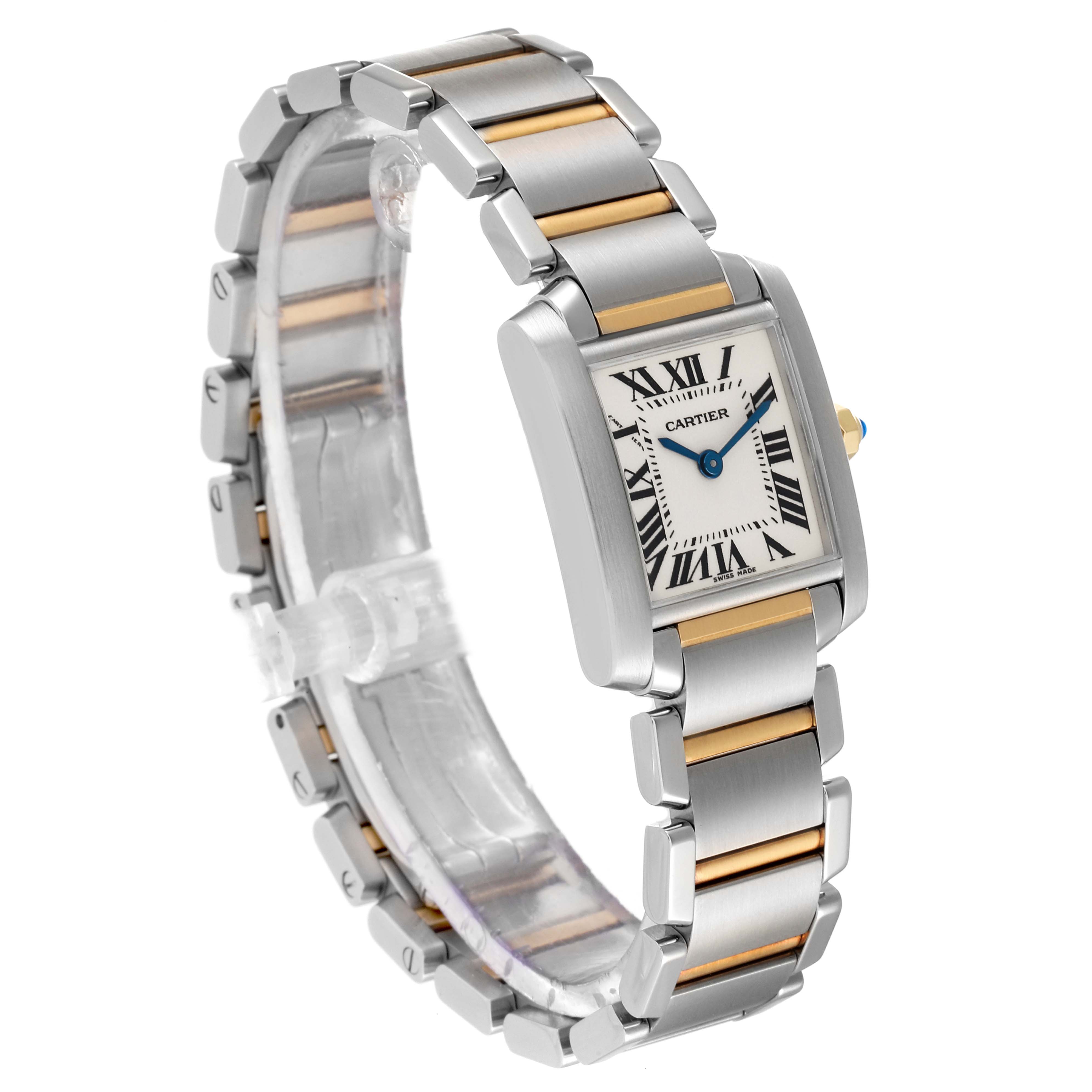 This image shows a side angle of a Cartier Tank Francaise W51007Q4 Women's Steel and Gold (two tone) Silver Dial W51007Q4 Women's Steel and Gold (two tone) Silver Dial watch, displaying its rectangular case and two-tone metal bracelet.