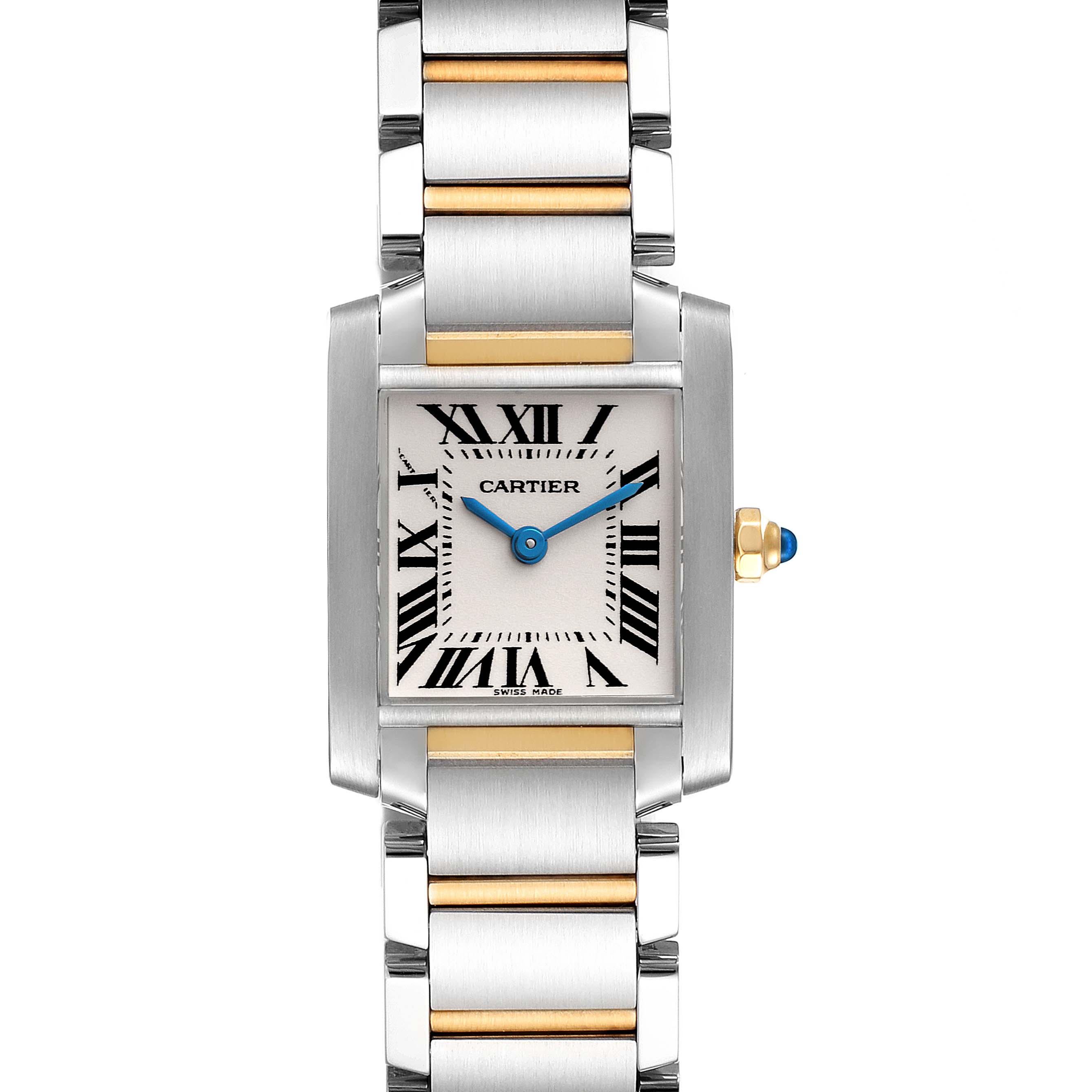 This image shows a frontal view of the Cartier Tank Francaise W51007Q4 Women's Steel and Gold (two tone) Silver Dial W51007Q4 Women's Steel and Gold (two tone) Silver Dial watch, highlighting its dial, bracelet, and crown.