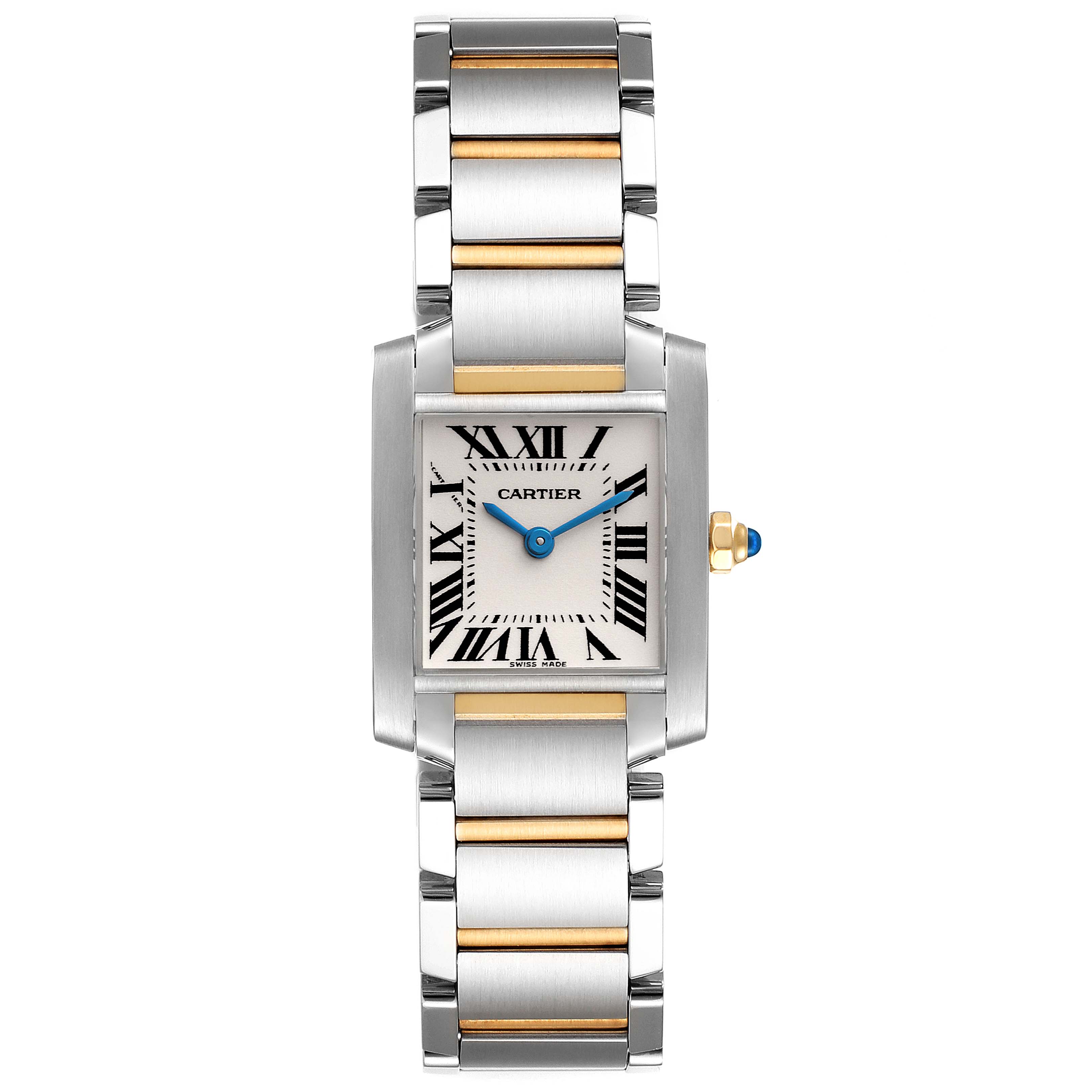 The image shows a top-down view of a Cartier Tank Francaise W51007Q4 Women's Steel and Gold (two tone) Silver Dial W51007Q4 Women's Steel and Gold (two tone) Silver Dial watch, displaying the face, bezel, and bracelet.