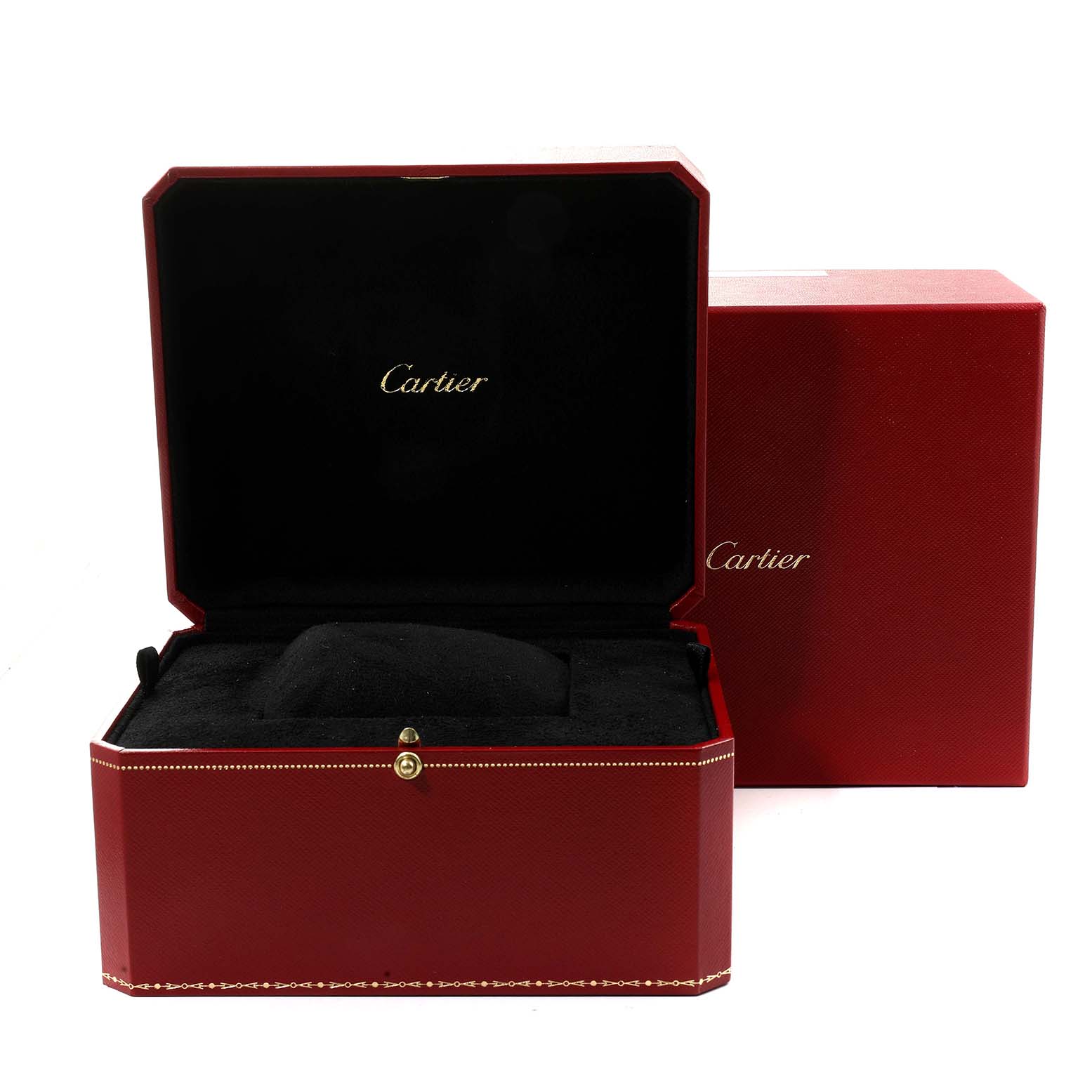 The image shows the open red and black presentation box for the Cartier Tank Française watch with the Cartier logo inside.
