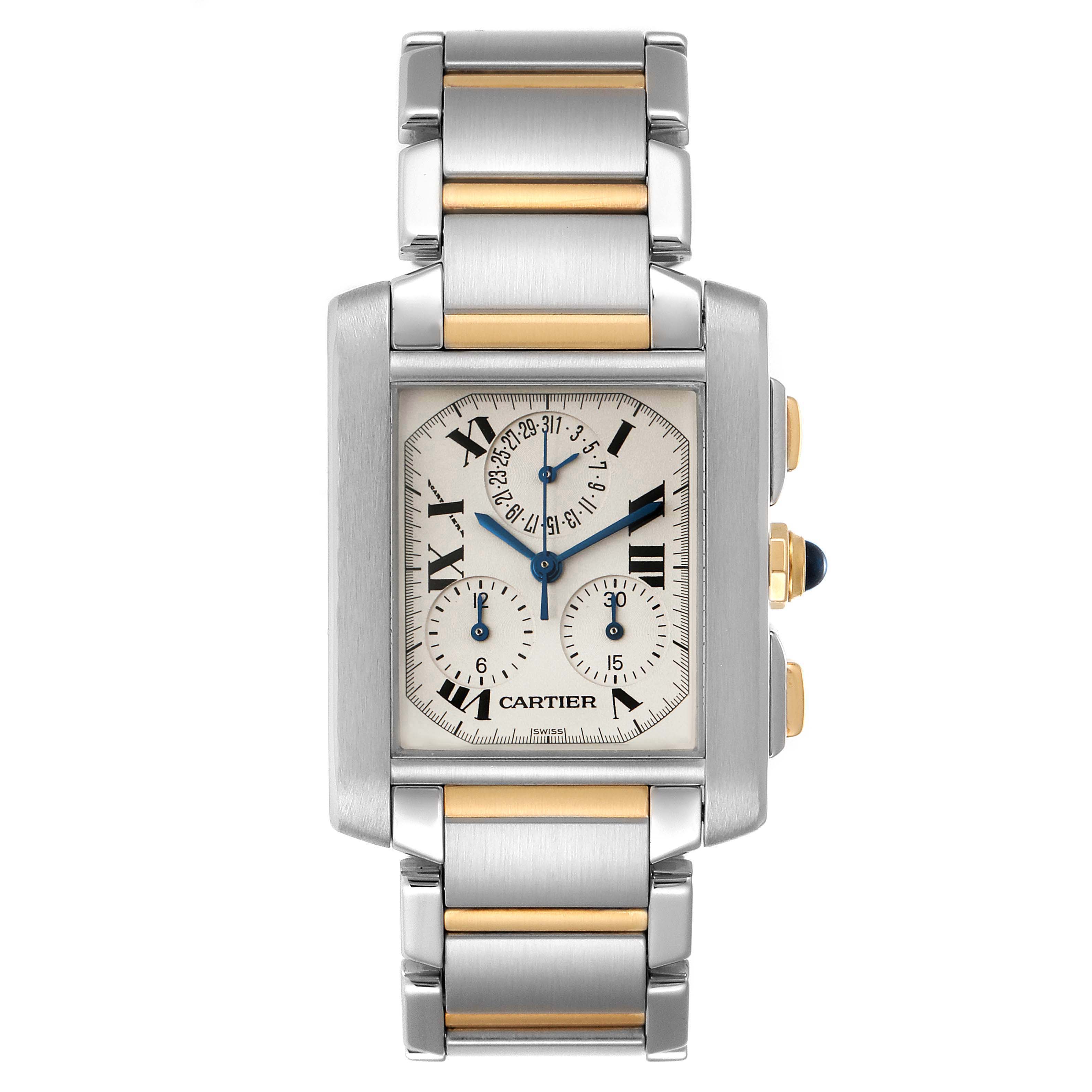 This Cartier Tank Française watch is shown from a front angle, displaying the face, dial, and bracelet.