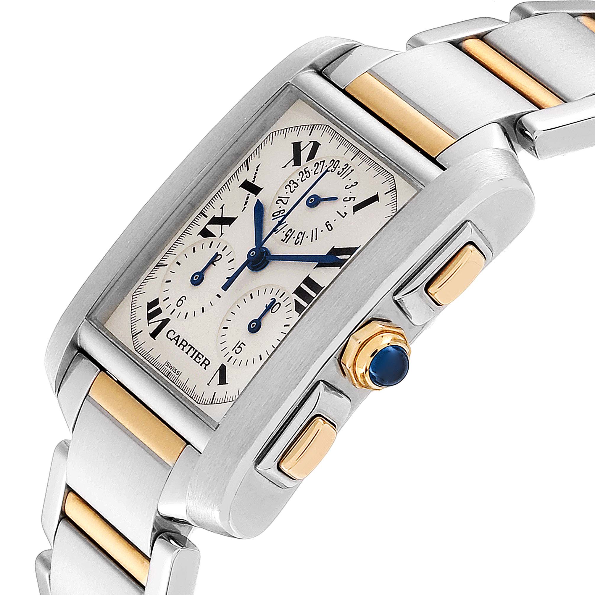 The image shows a close-up angle of the Cartier Tank Française watch, highlighting the dial, crown, and part of the two-tone bracelet.