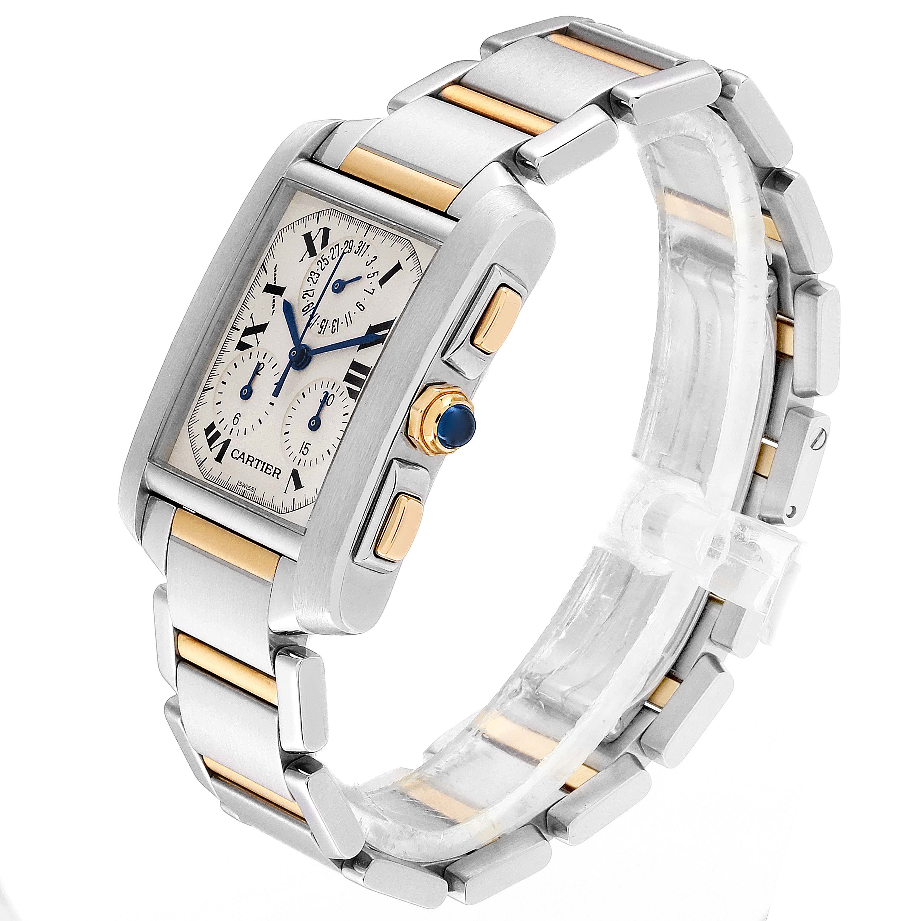 The image shows a side and front angle of the Cartier Tank Française watch, featuring its silver and gold two-tone band and blue-accented crown.