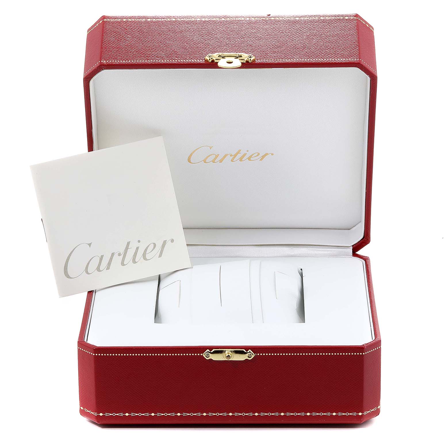 The image shows an open Cartier Tank Française watch box at a front angle, with a Cartier booklet placed inside.