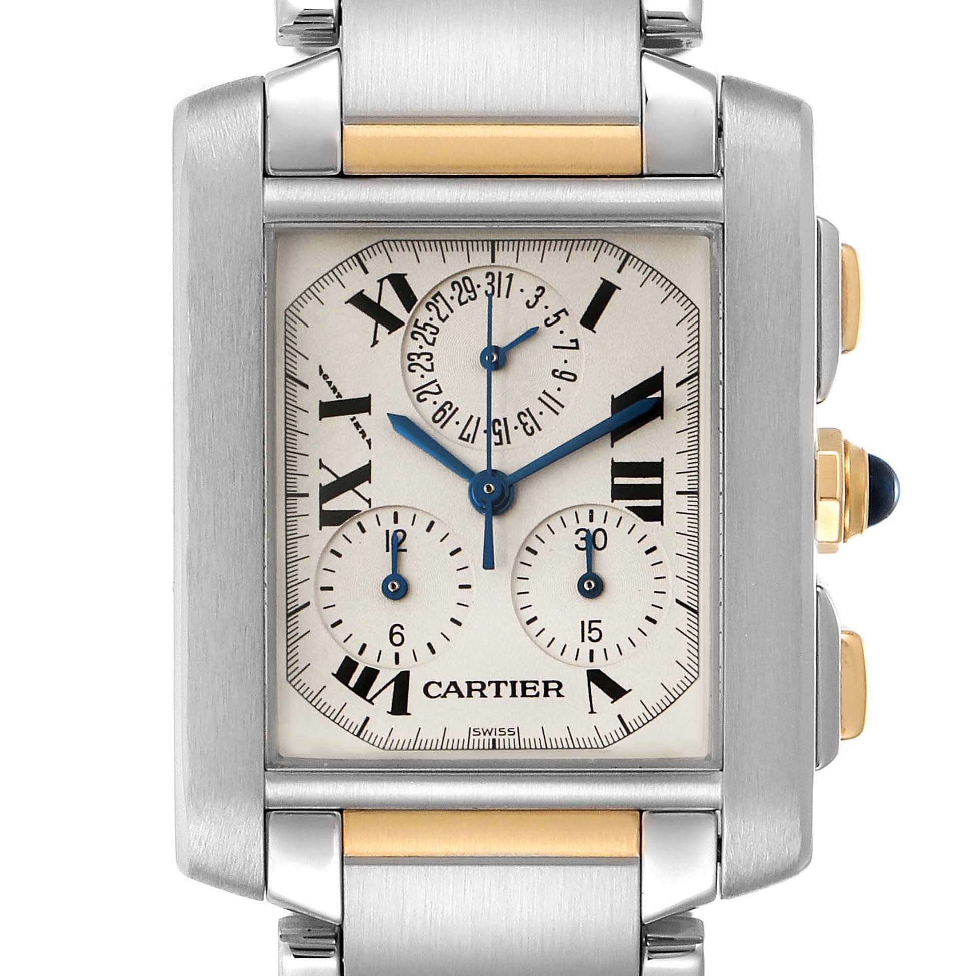 This image shows a frontal view of a Cartier Tank Francaise W51004Q4 Men's Steel and Gold (two tone) Silver Dial W51004Q4 Men's Steel and Gold (two tone) Silver Dial watch, highlighting the dial, sub-dials, and parts of the strap and bezel.