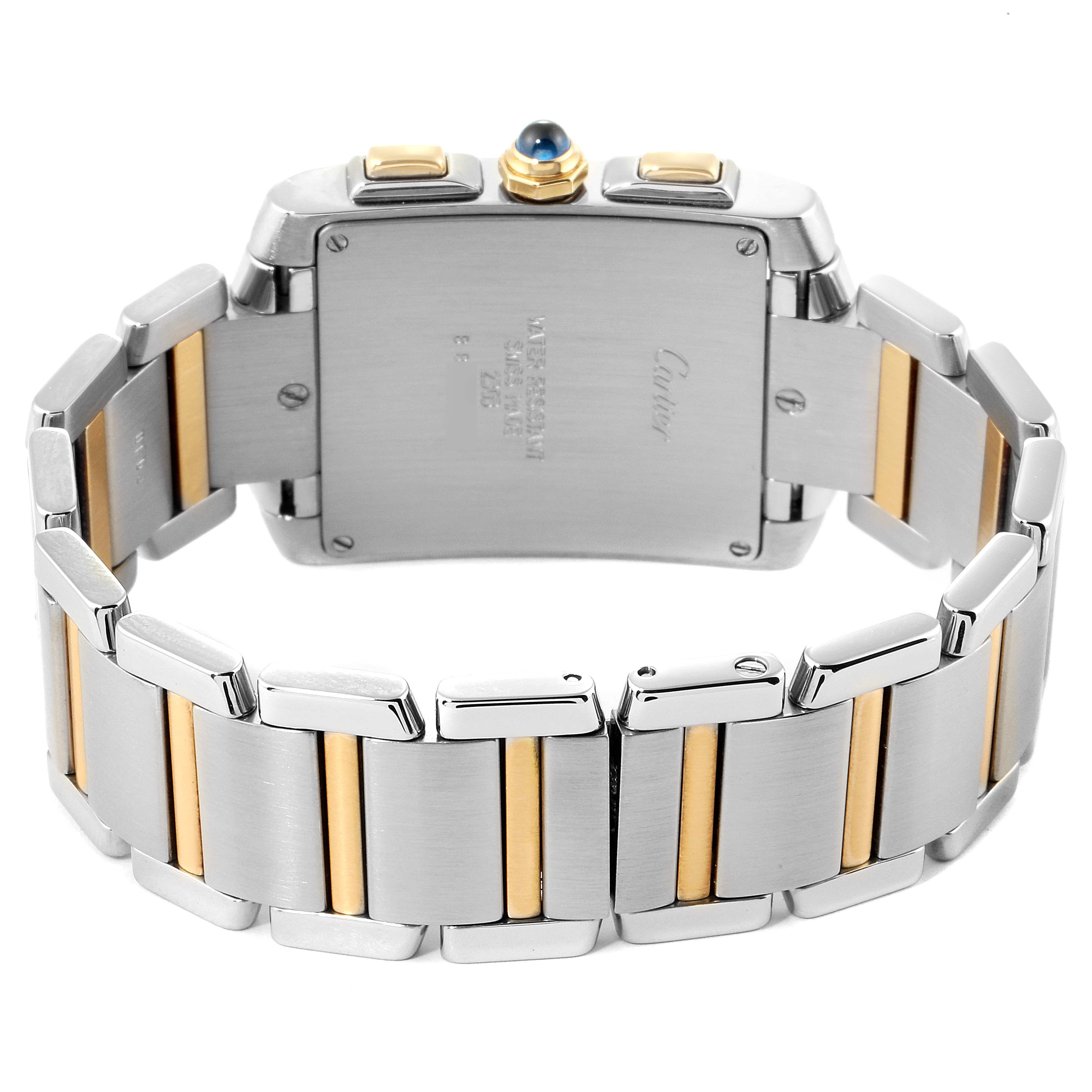 The image shows the back view of a Cartier Tank Francaise W51004Q4 Men's Steel and Gold (two tone) Silver Dial W51004Q4 Men's Steel and Gold (two tone) Silver Dial watch, highlighting its two-tone bracelet and case back.
