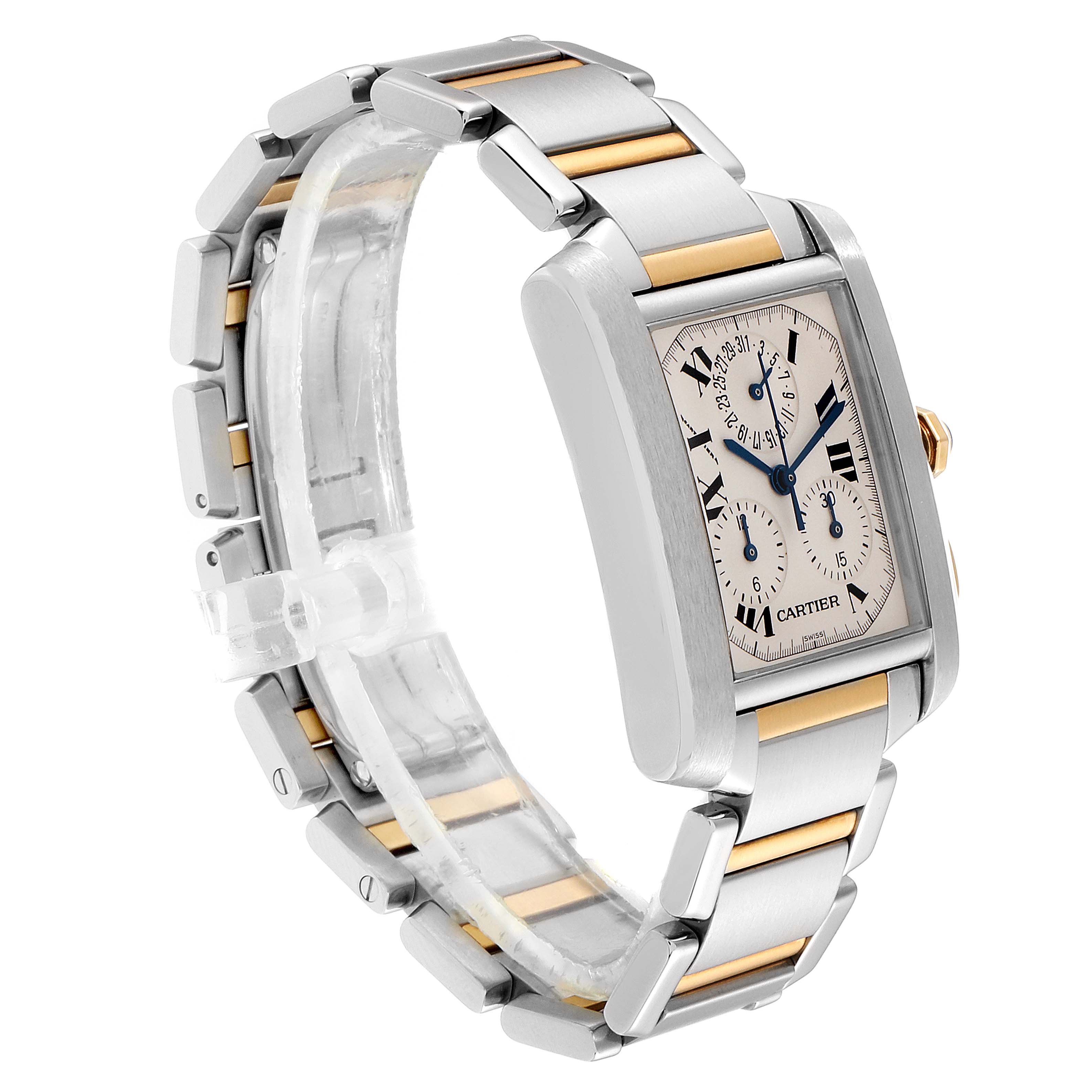 The image shows a side view angle of the Cartier Tank Francaise W51004Q4 Men's Steel and Gold (two tone) Silver Dial W51004Q4 Men's Steel and Gold (two tone) Silver Dial watch, highlighting its case, dial, and two-tone metal bracelet.
