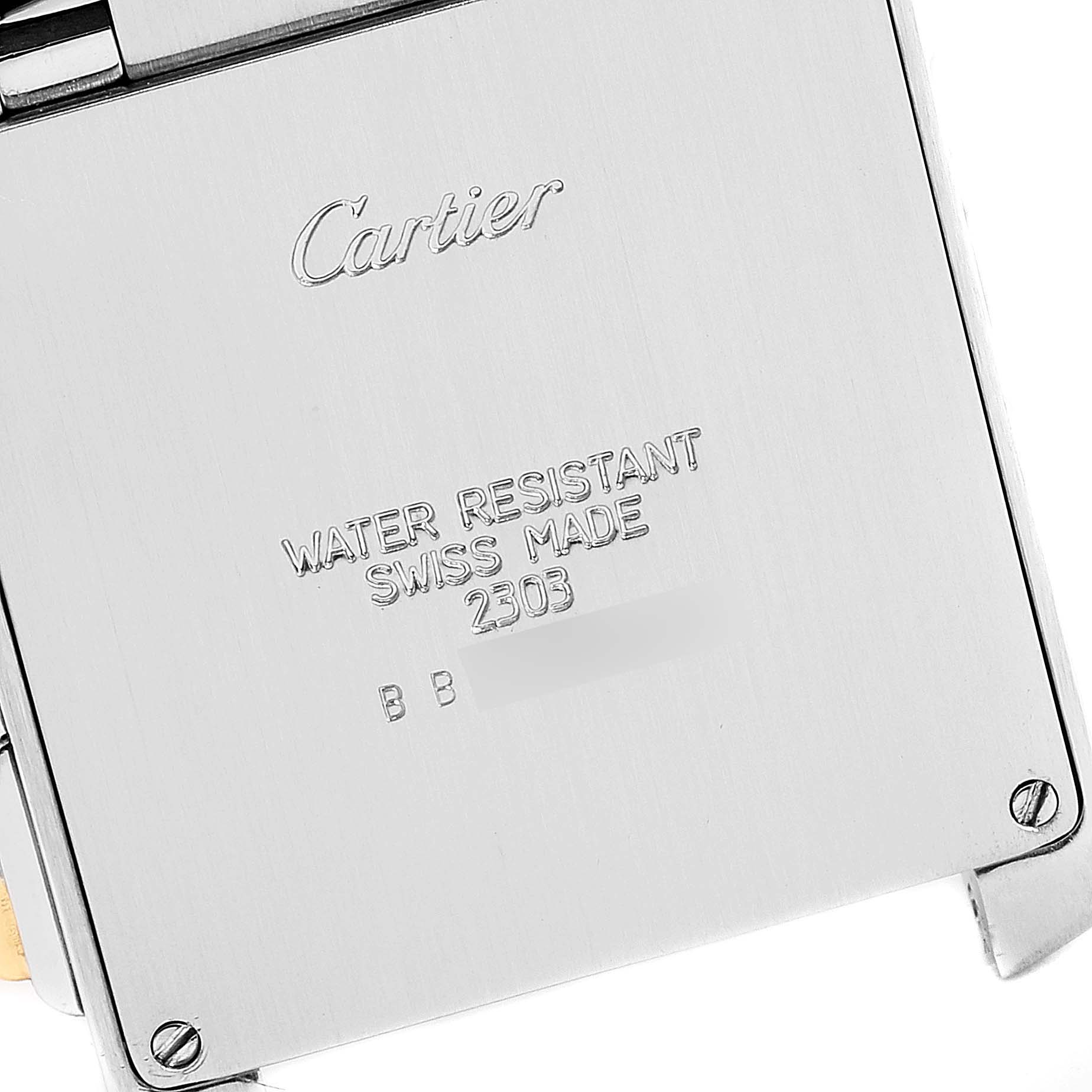 This image shows the back casing of the Tank Francaise watch by Cartier, highlighting the brand engraving and water resistance details.