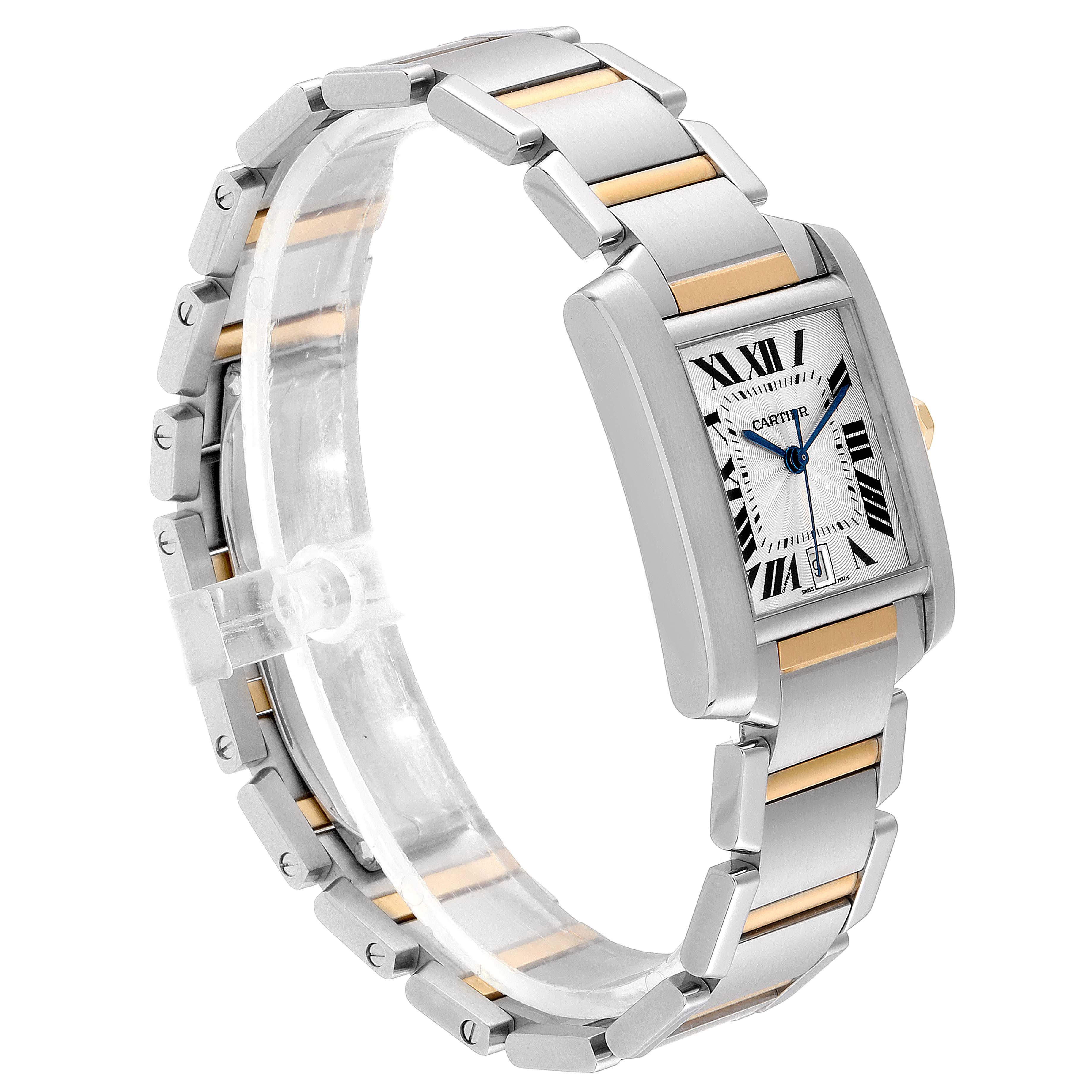 The image shows a side angle of the Cartier Tank Française watch, highlighting its rectangular dial and metal bracelet with gold accents.