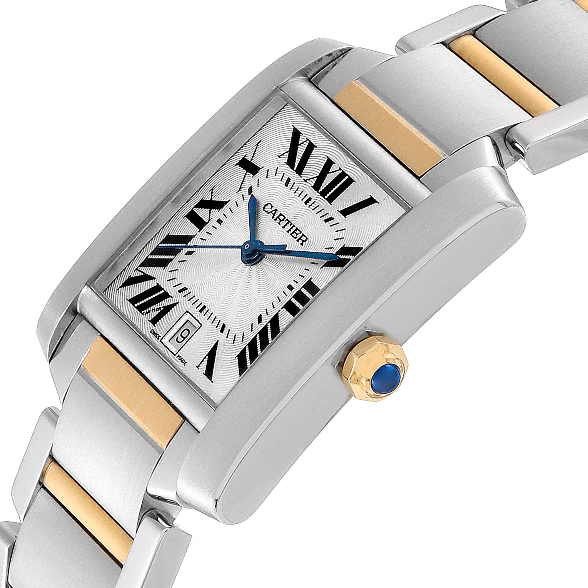 The Cartier Tank Francaise W51005Q4 Men's Steel and Gold (two tone) Silver Dial W51005Q4 Men's Steel and Gold (two tone) Silver Dial watch is shown at an angle highlighting its face, bracelet, and crown with a blue cabochon.