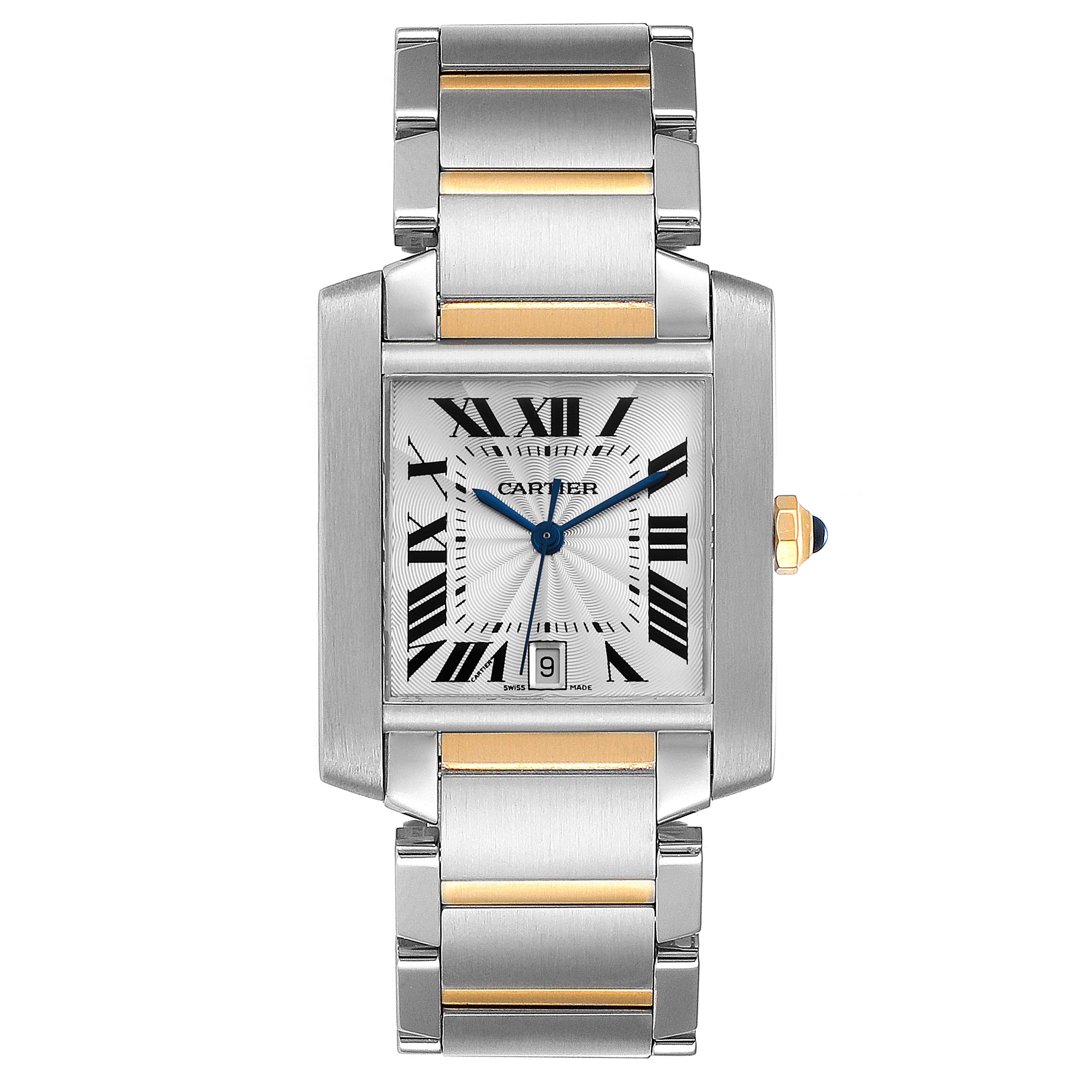 This image shows a front view of the Cartier Tank Francaise W51005Q4 Men's Steel and Gold (two tone) Silver Dial W51005Q4 Men's Steel and Gold (two tone) Silver Dial watch, highlighting its rectangular dial, Roman numerals, and metal bracelet with gold accents.