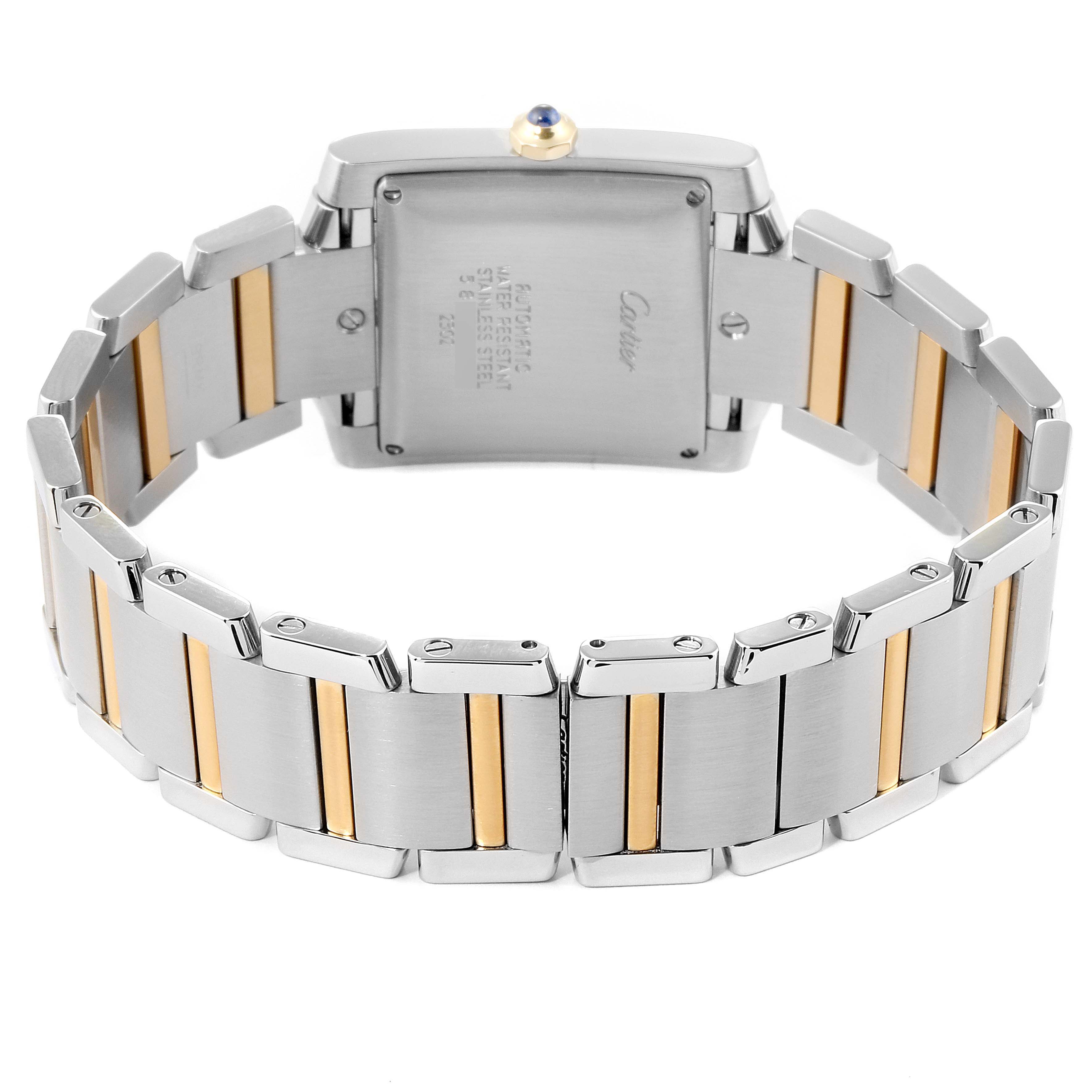 The image shows the back view of the Cartier Tank Francaise W51005Q4 Men's Steel and Gold (two tone) Silver Dial W51005Q4 Men's Steel and Gold (two tone) Silver Dial watch, highlighting its stainless steel and gold bracelet.