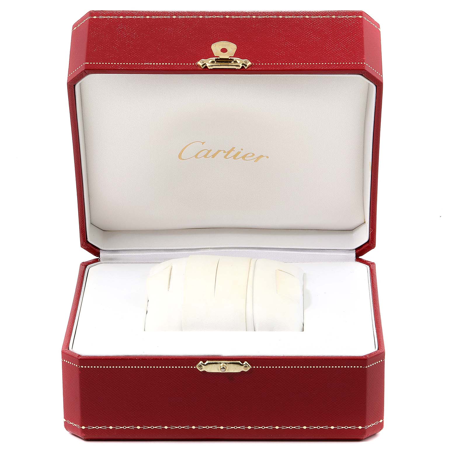 The image shows the open box of a Cartier Tank Francaise W51005Q4 Men's Steel and Gold (two tone) Silver Dial W51005Q4 Men's Steel and Gold (two tone) Silver Dial watch, with the watch pillow visible inside.