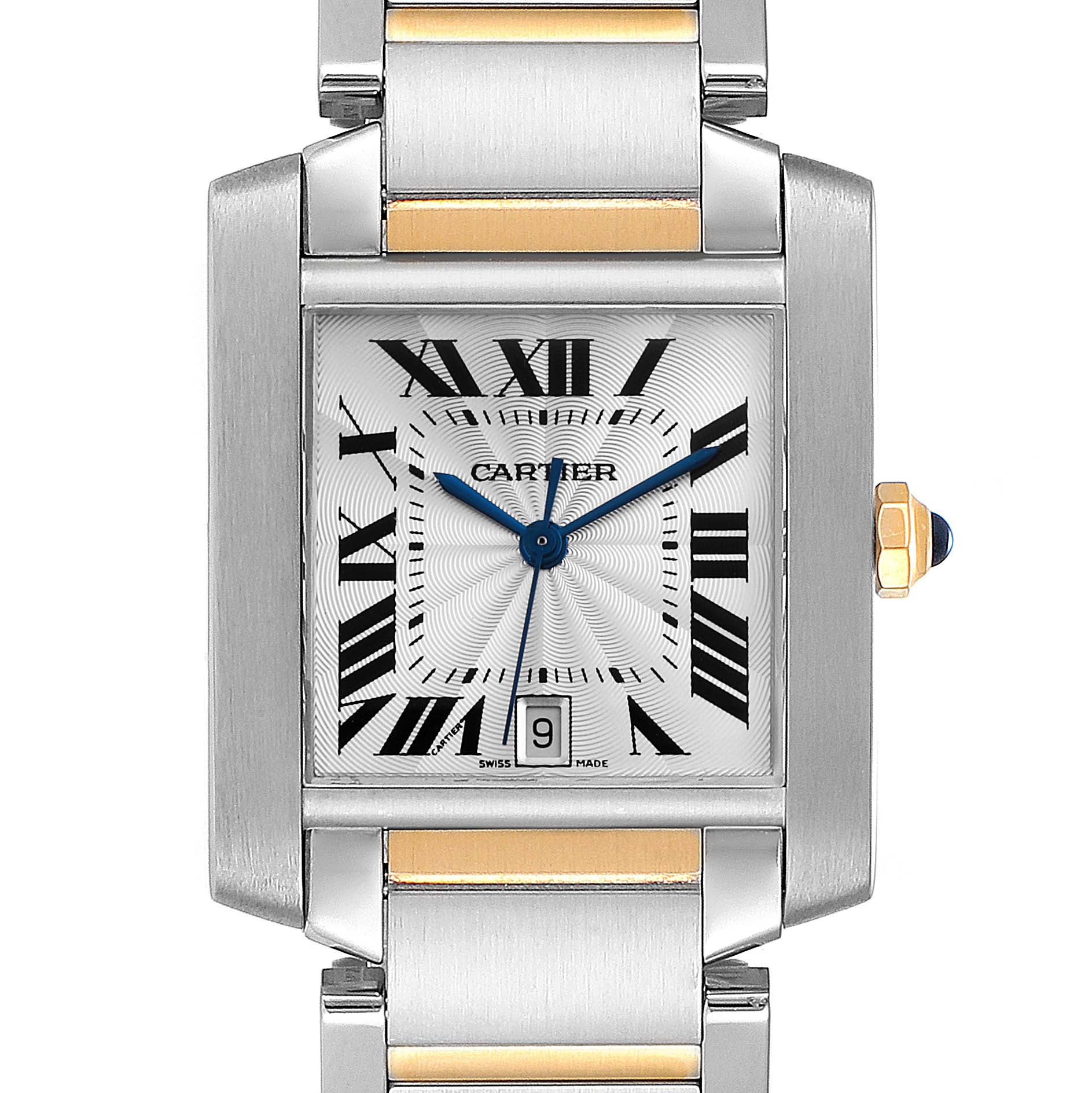 The image shows a front view of the Cartier Tank Francaise W51005Q4 Men's Steel and Gold (two tone) Silver Dial W51005Q4 Men's Steel and Gold (two tone) Silver Dial watch, highlighting its face, Roman numerals, and metal bracelet.