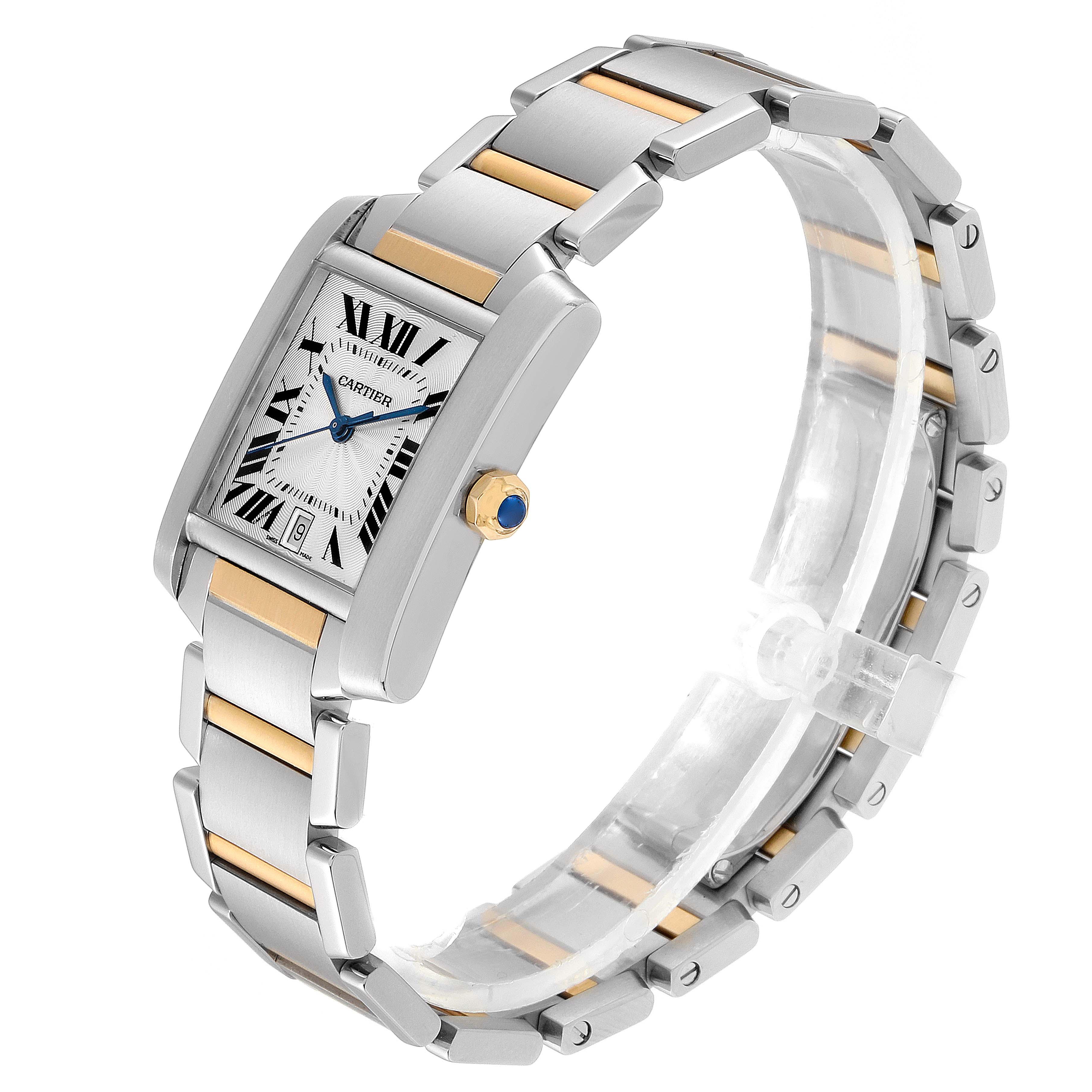 The Cartier Tank Française watch is shown at an angle highlighting the rectangular face, bracelet, and crown with blue gemstone.