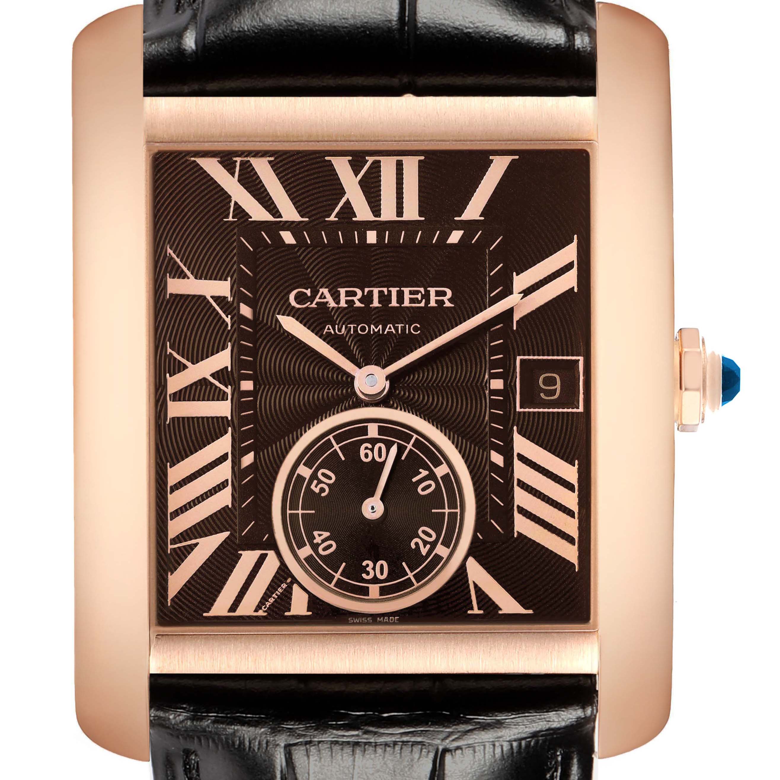 The Cartier Tank MC W5330002 Men's Rose Gold Brown Dial watch is shown from the front, highlighting the face, case, and part of the leather strap.