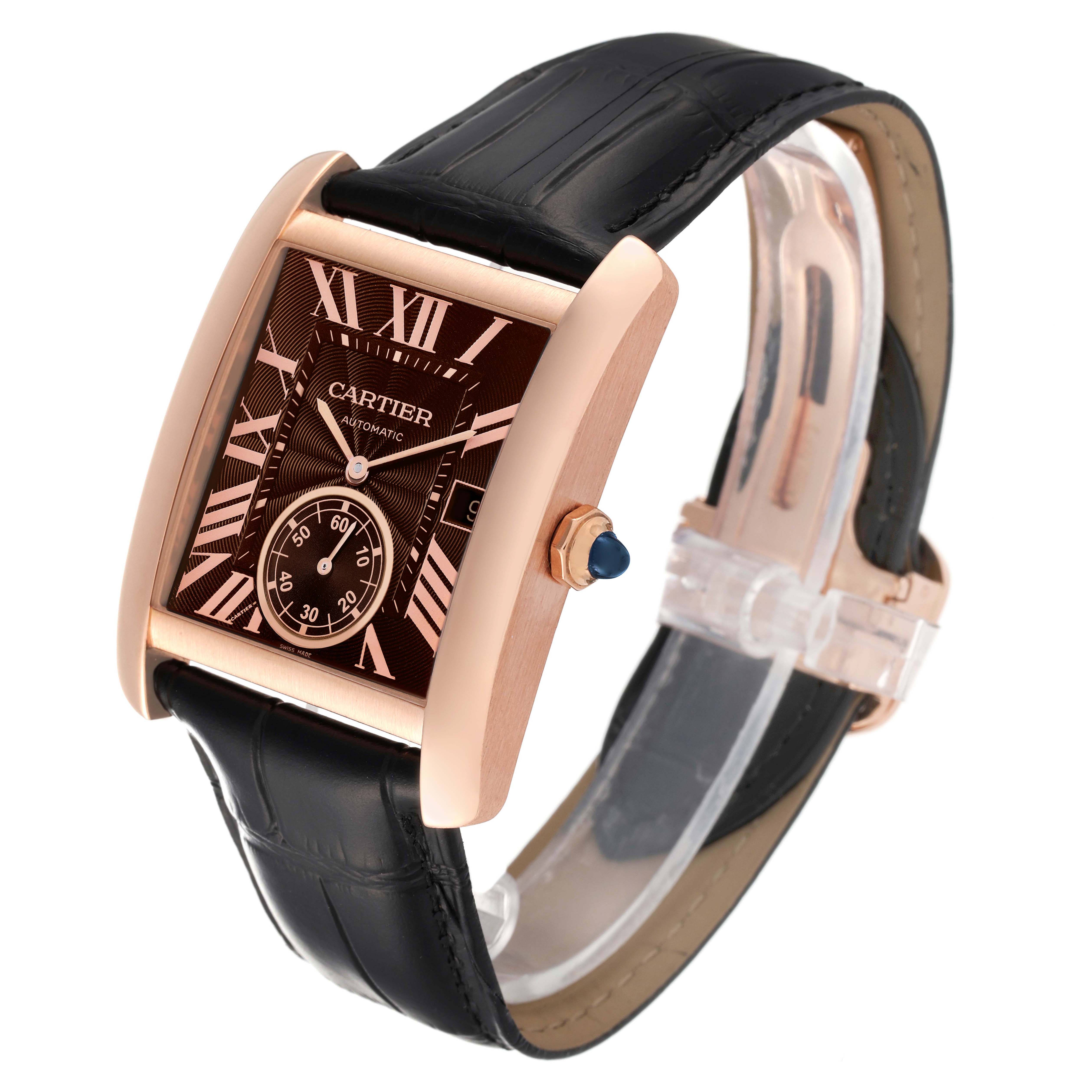 The Cartier Tank MC W5330002 Men's Rose Gold Brown Dial W5330002 Men's Rose Gold Brown Dial watch is shown from an angled side view, highlighting the case, dial, crown, and leather strap.