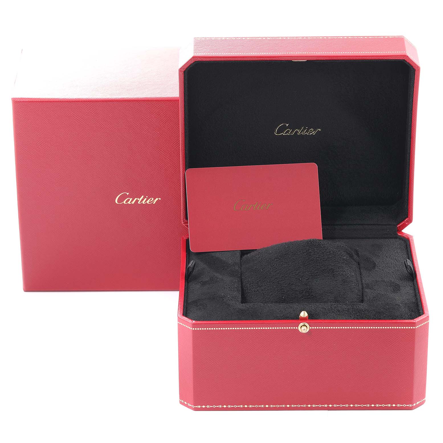 The image shows an open Cartier Tank MC W5330002 Men's Rose Gold Brown Dial W5330002 Men's Rose Gold Brown Dial watch box and a red card with the Cartier logo.