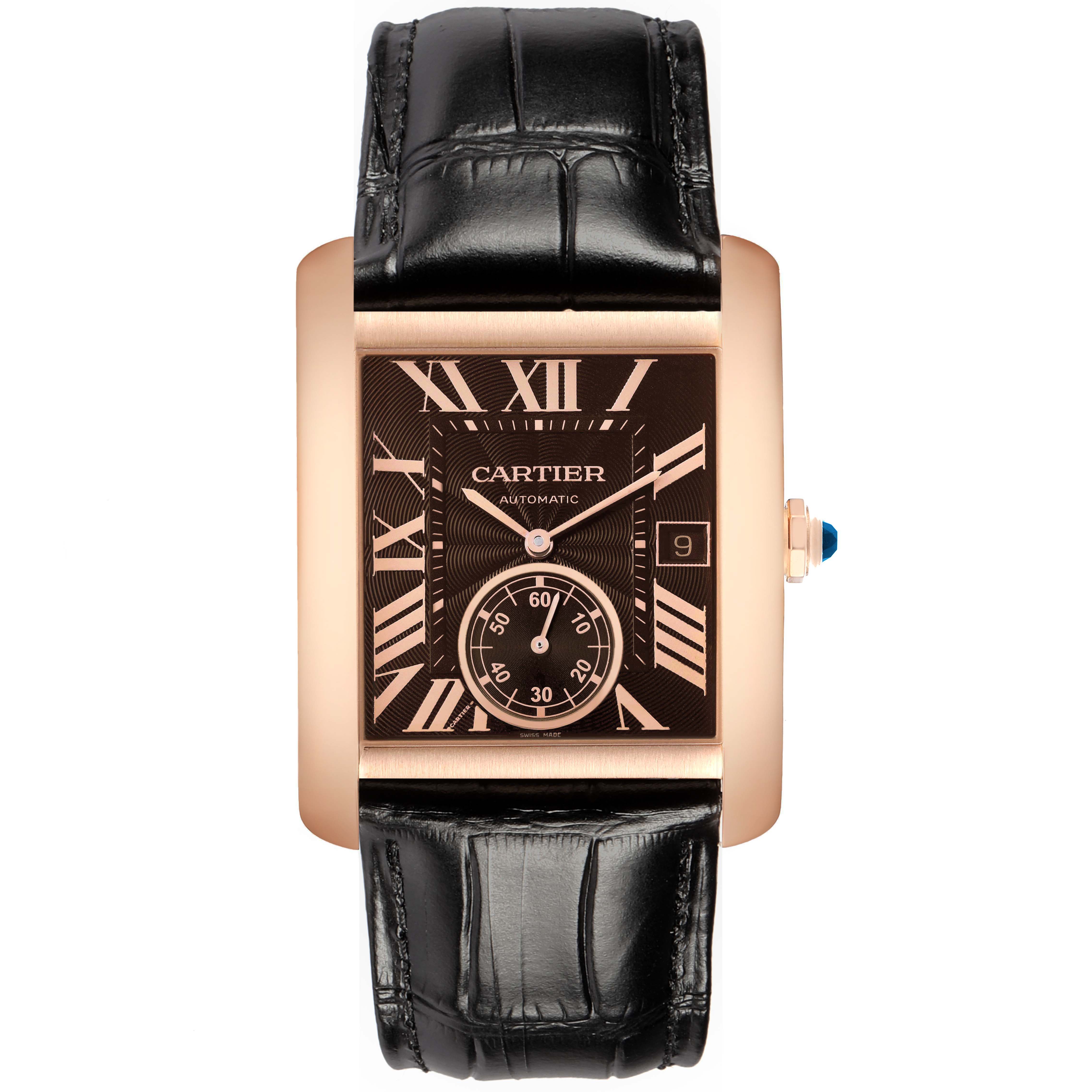 The Cartier Tank MC W5330002 Men's Rose Gold Brown Dial watch is shown from a front angle, highlighting the dial, Roman numerals, subdial, and leather strap.