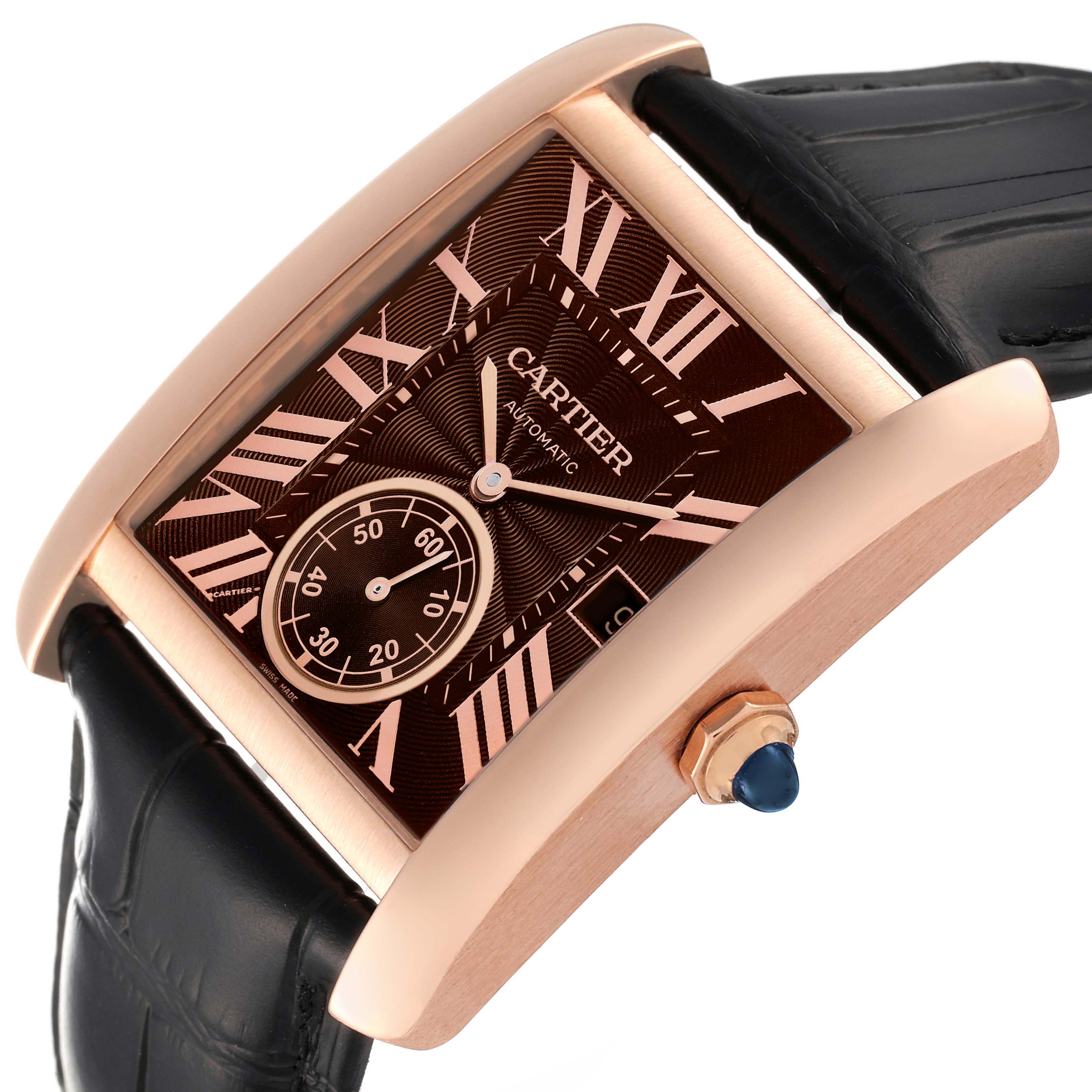 The Cartier Tank MC W5330002 Men's Rose Gold Brown Dial W5330002 Men's Rose Gold Brown Dial watch is shown at an angled close-up, displaying its dial, case, crown, and part of the leather strap.