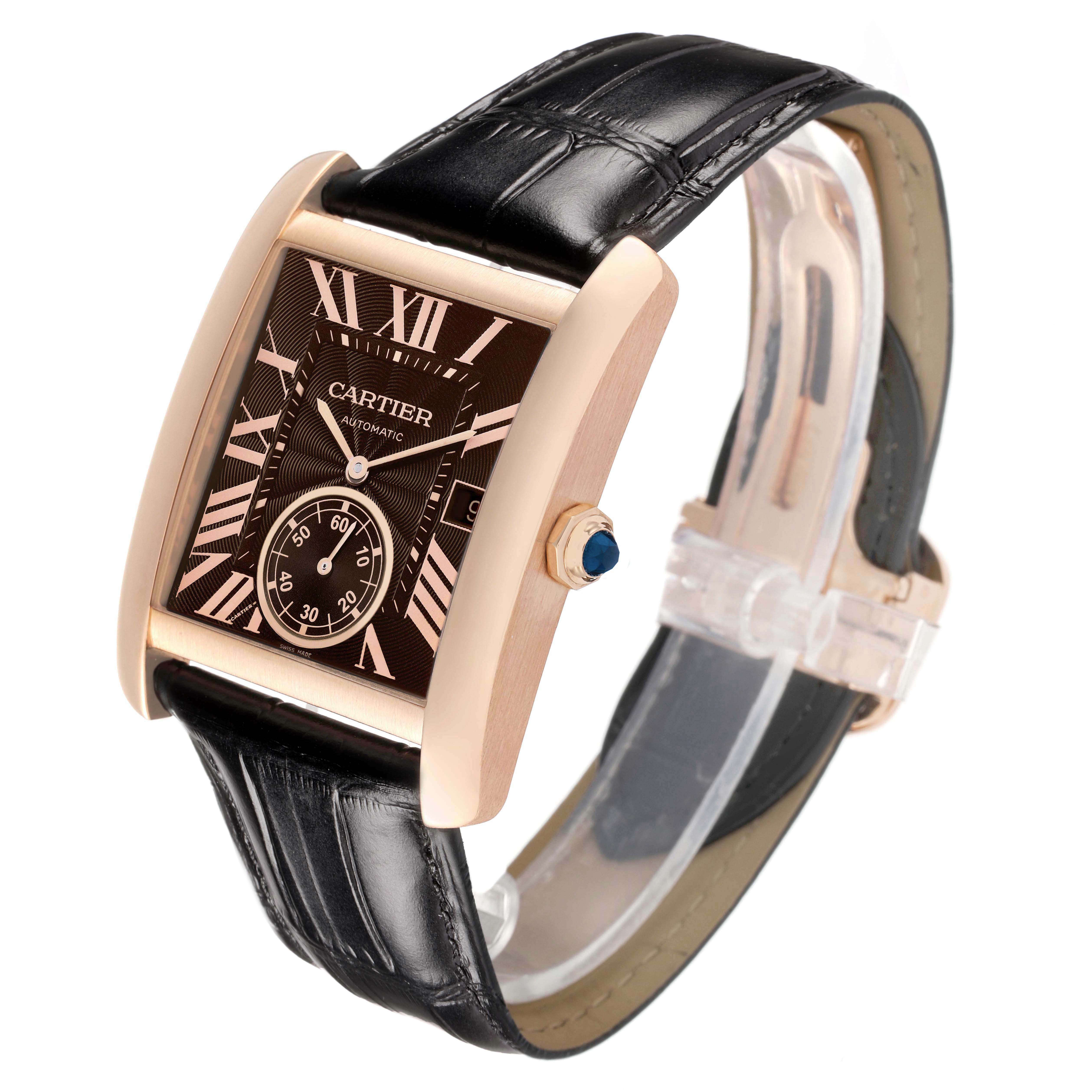 The Cartier Tank MC W5330002 Men's Rose Gold Brown Dial watch is shown at a three-quarter angle, displaying its face, case, crown, and leather strap.