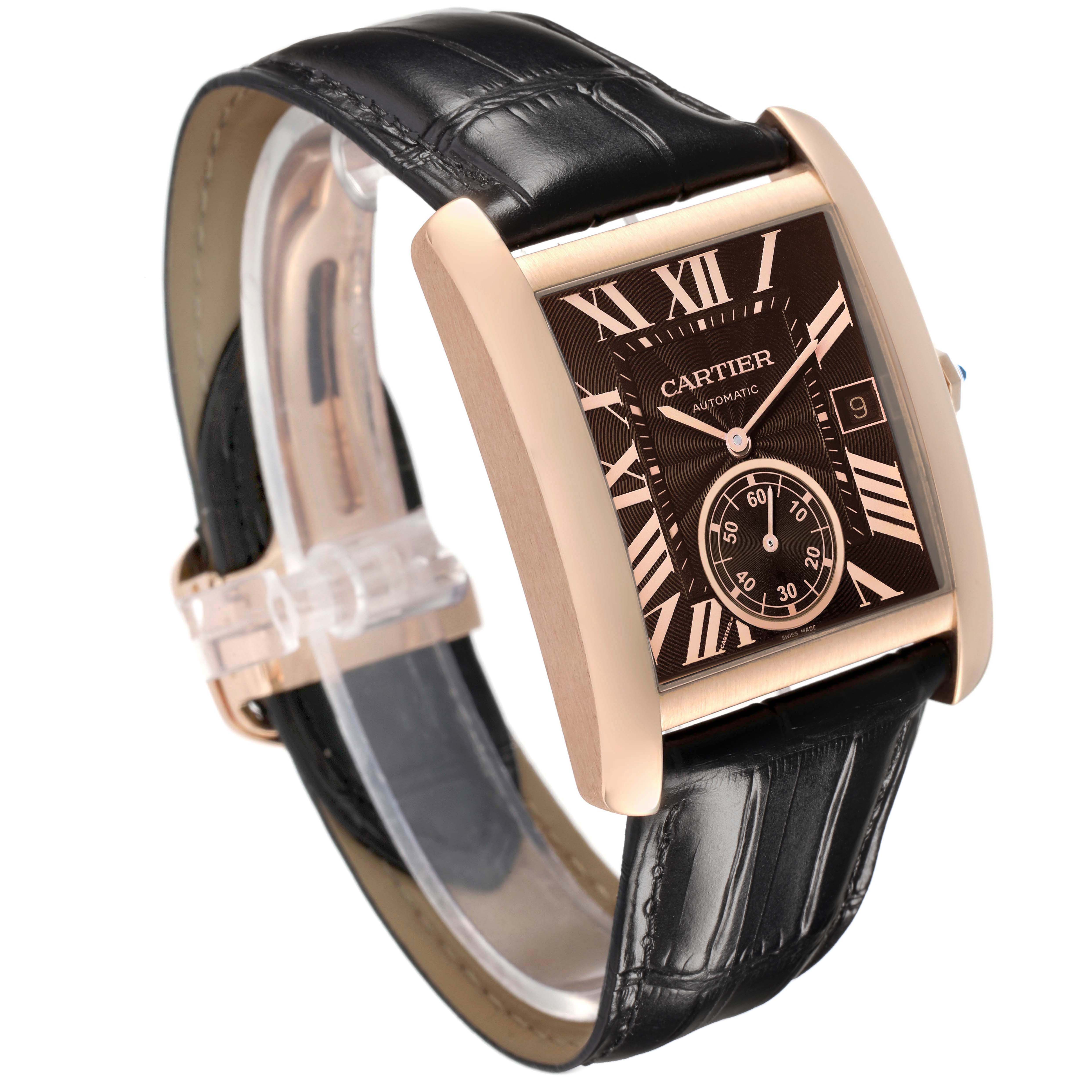 The Cartier Tank MC W5330002 Men's Rose Gold Brown Dial watch is shown at an angle emphasizing its rectangular face, leather strap, and rose gold casing.