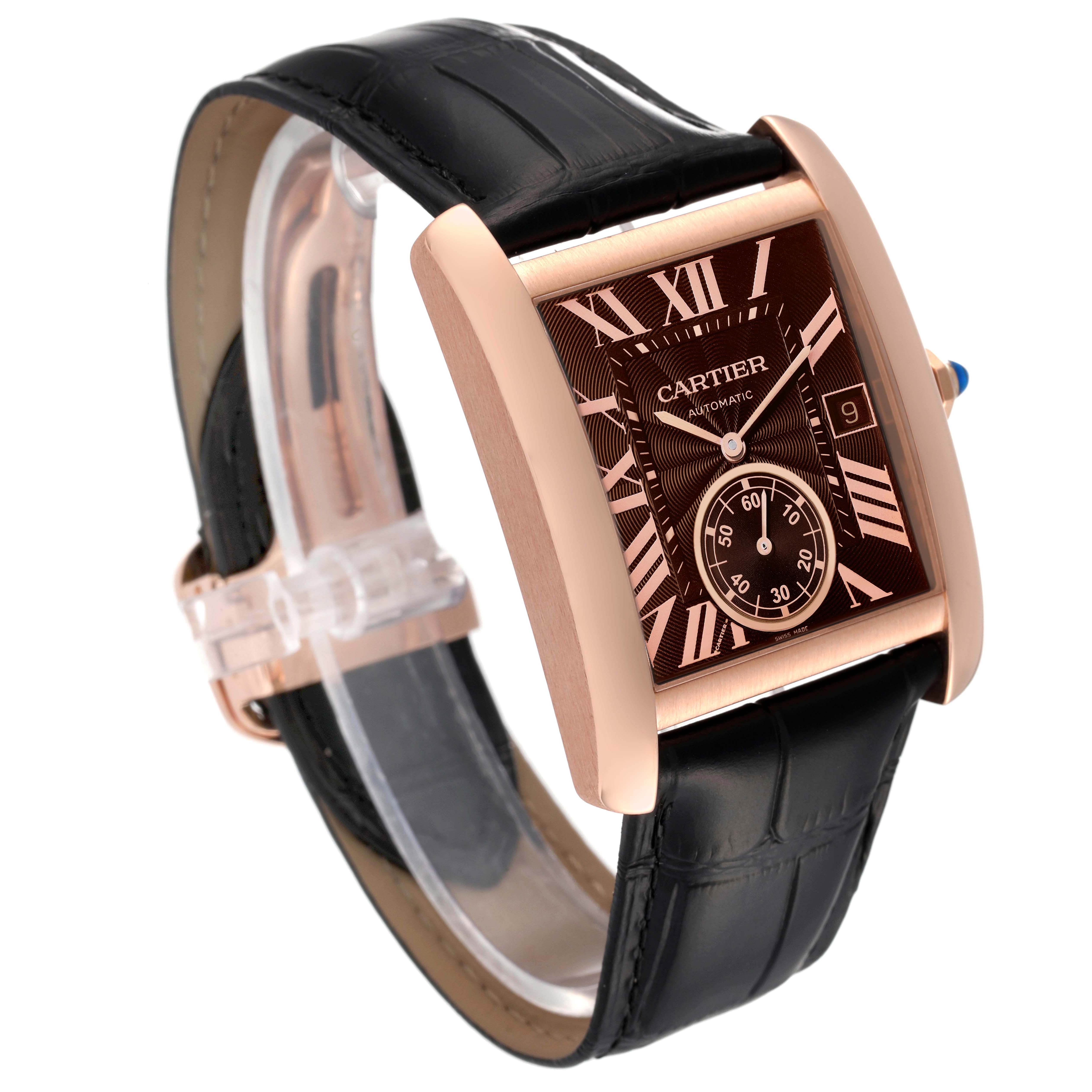 The Cartier Tank MC W5330002 Men's Rose Gold Brown Dial W5330002 Men's Rose Gold Brown Dial watch is shown at a front angle, highlighting its rose gold case, black leather strap, and brown dial.