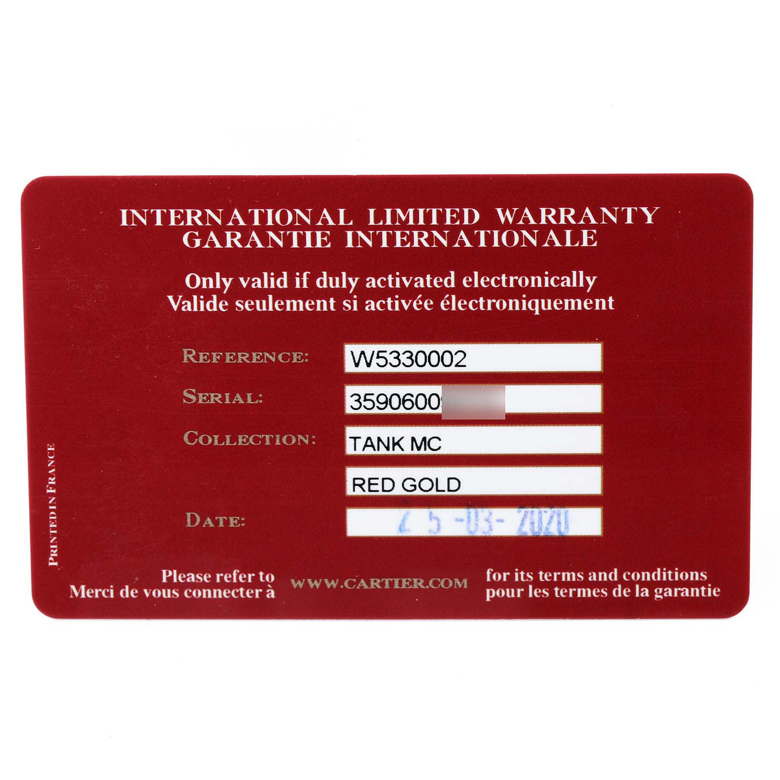 This image shows an international limited warranty card for the Cartier Tank MC W5330002 Men's Rose Gold Brown Dial W5330002 Men's Rose Gold Brown Dial watch model.