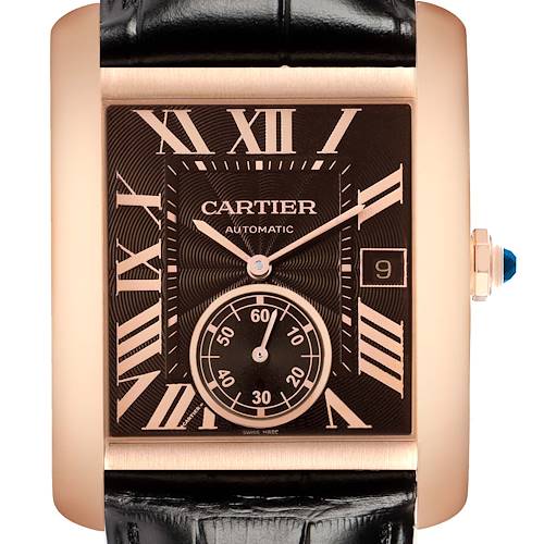 The Cartier Tank MC W5330002 Men's Rose Gold Brown Dial watch is shown from a front angle, highlighting the dial, hands, date window, and leather strap.