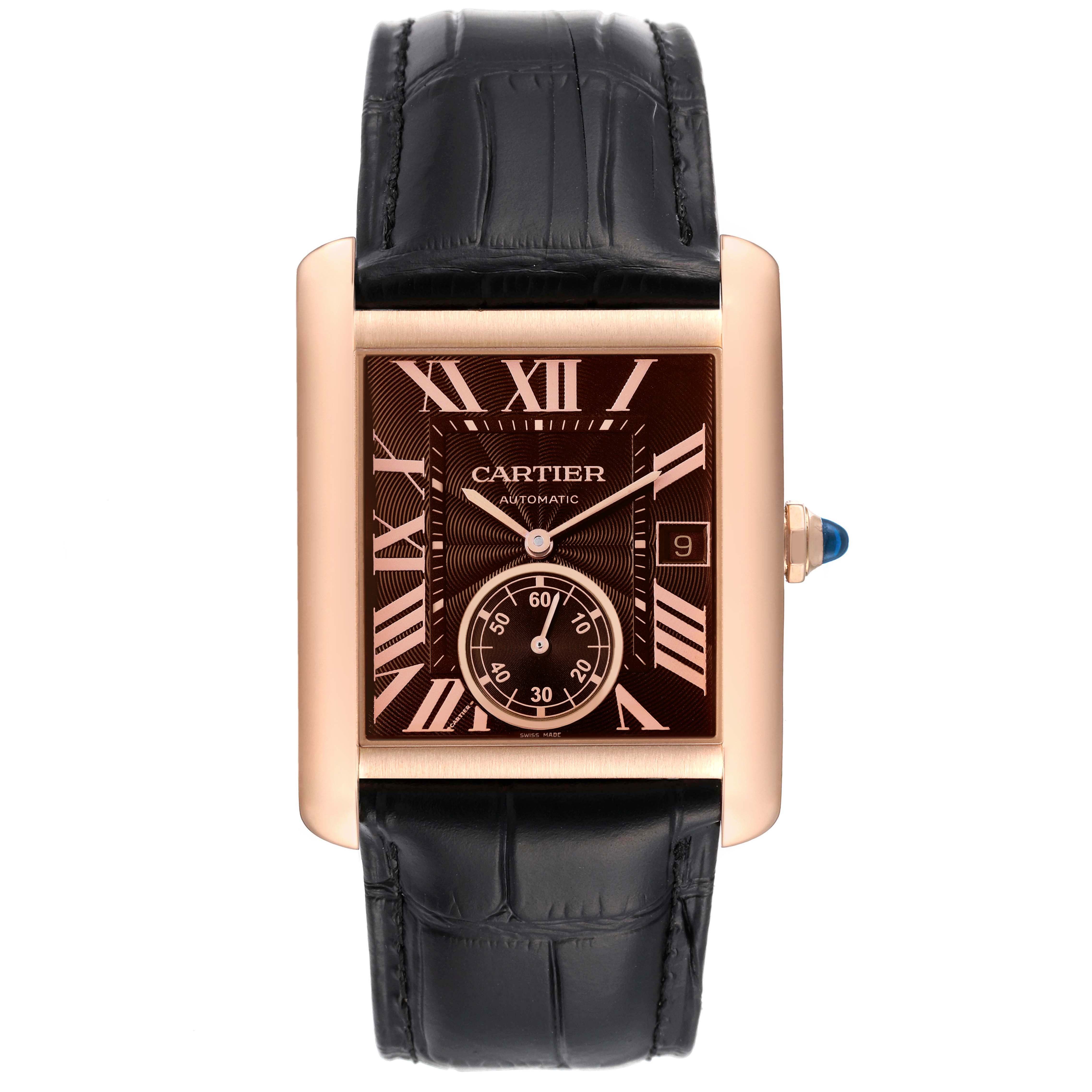 The Cartier Tank MC W5330002 Men's Rose Gold Brown Dial W5330002 Men's Rose Gold Brown Dial watch is shown from a front angle, displaying its face, strap, and side crown.