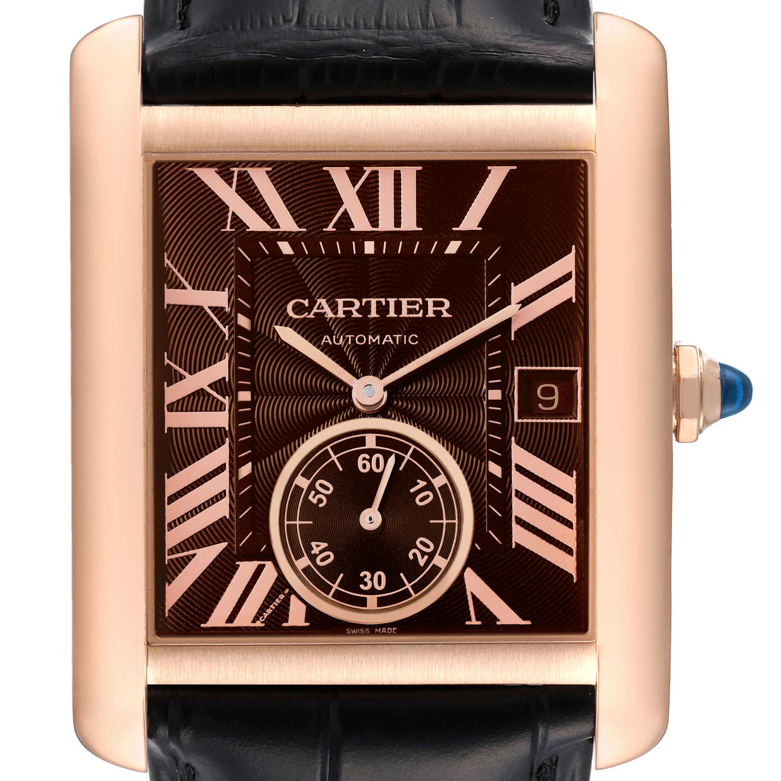 The image shows a front view of the Cartier Tank MC W5330002 Men's Rose Gold Brown Dial W5330002 Men's Rose Gold Brown Dial watch, highlighting its rectangular face, Roman numerals, subdial, and date window.