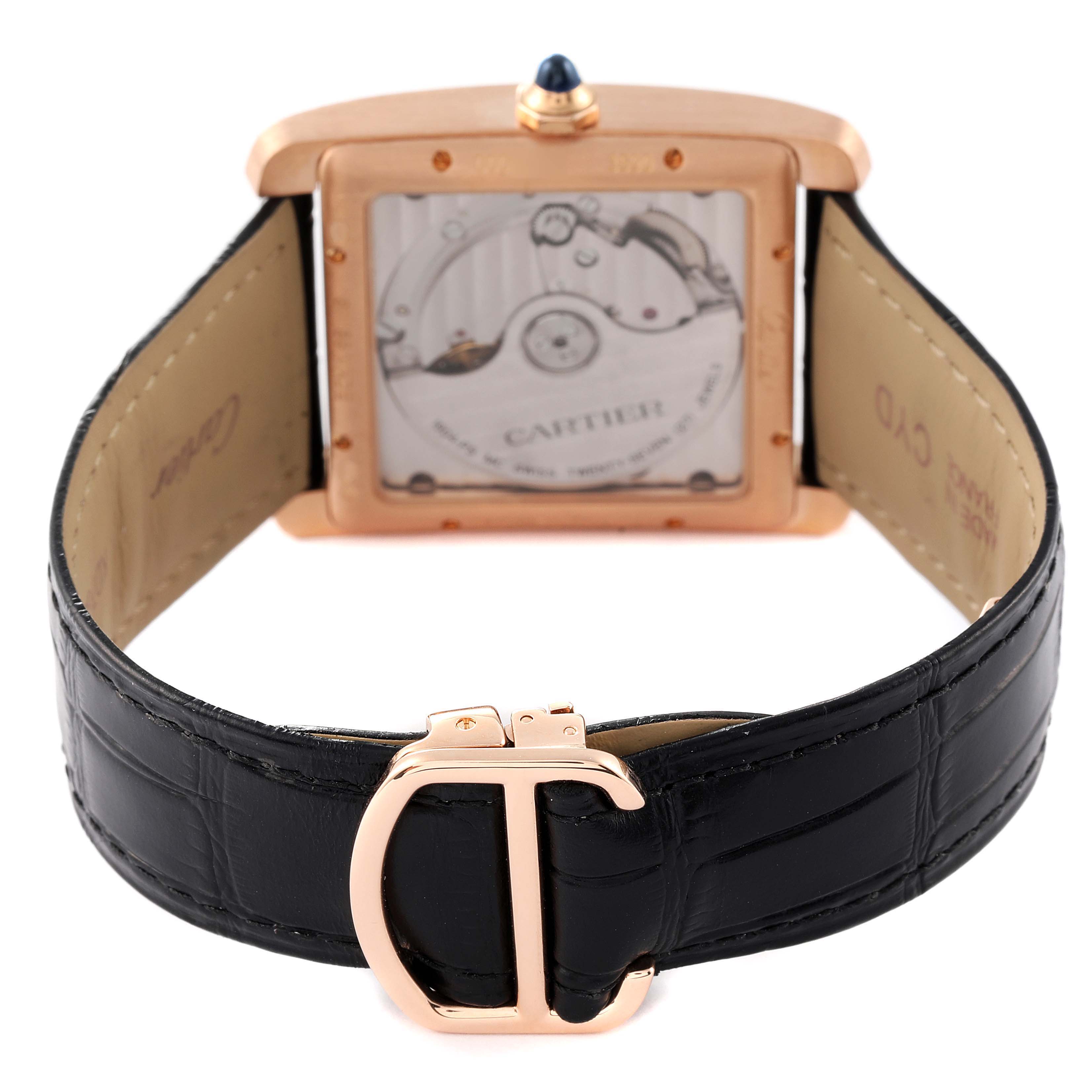 This Cartier Tank MC W5330002 Men's Rose Gold Brown Dial W5330002 Men's Rose Gold Brown Dial watch is shown from the rear, highlighting the caseback and black leather strap with a rose gold clasp.