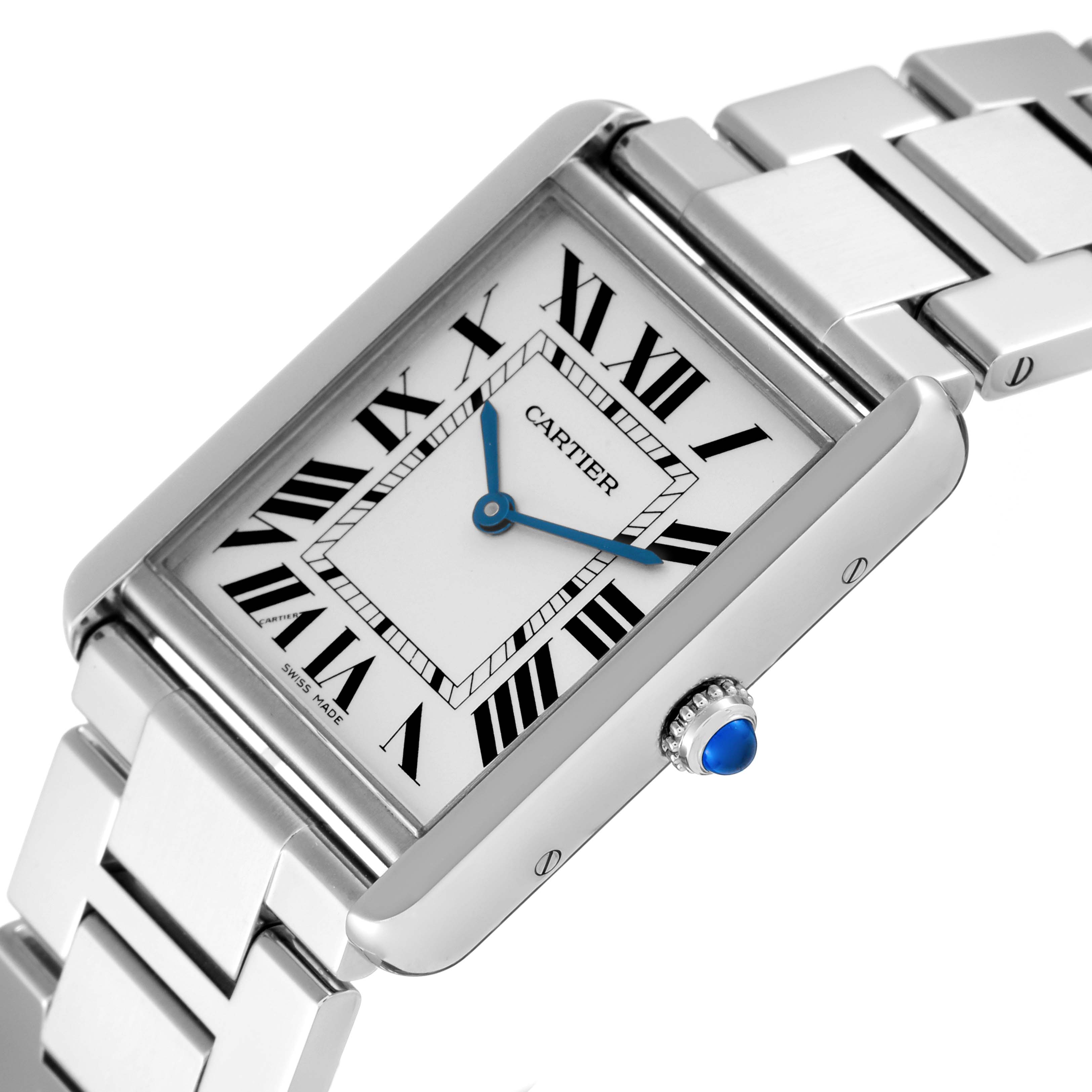 This image shows a close-up of the Cartier Tank Solo W5200014 Men
s Stainless Steel Silver Dial W5200014 Men
s Stainless Steel Silver Dial watch face and part of the metal bracelet from an angled perspective.