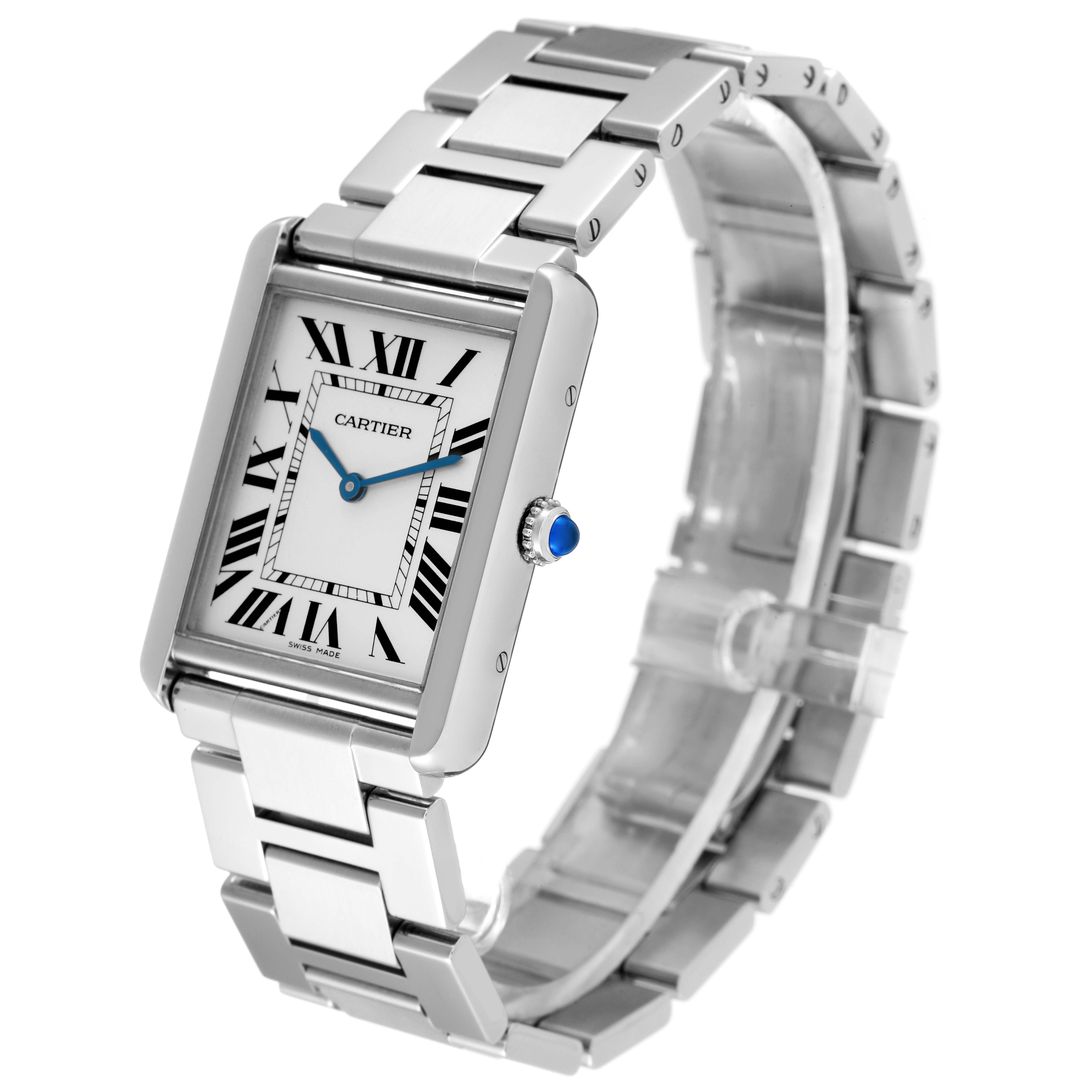 The image shows a Cartier Tank Solo W5200014 Men
s Stainless Steel Silver Dial W5200014 Men
s Stainless Steel Silver Dial watch angled slightly to the left, displaying the face, crown, and stainless steel bracelet.