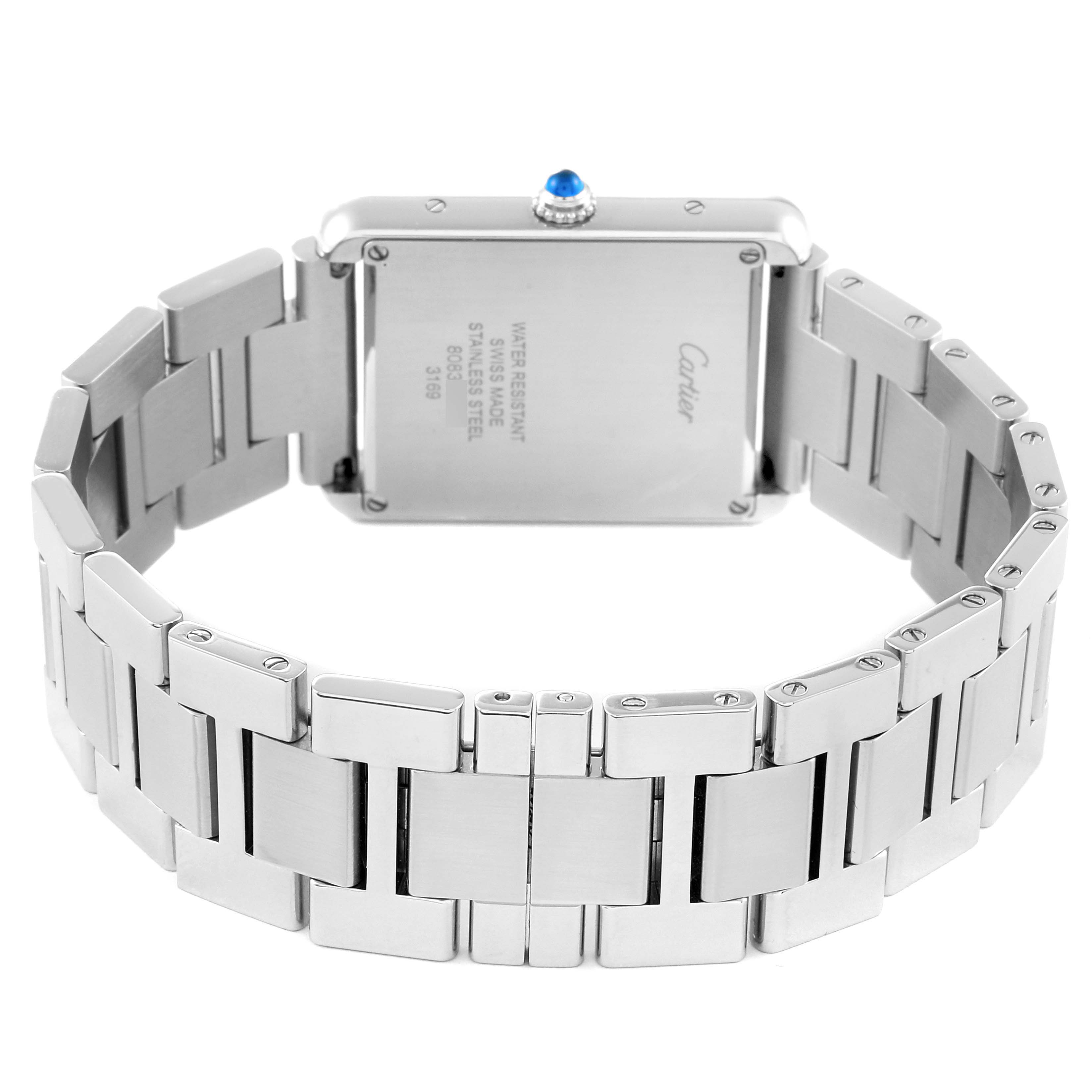 This image shows the back case and stainless steel bracelet of a Cartier Tank Solo W5200014 Men
s Stainless Steel Silver Dial W5200014 Men
s Stainless Steel Silver Dial watch.