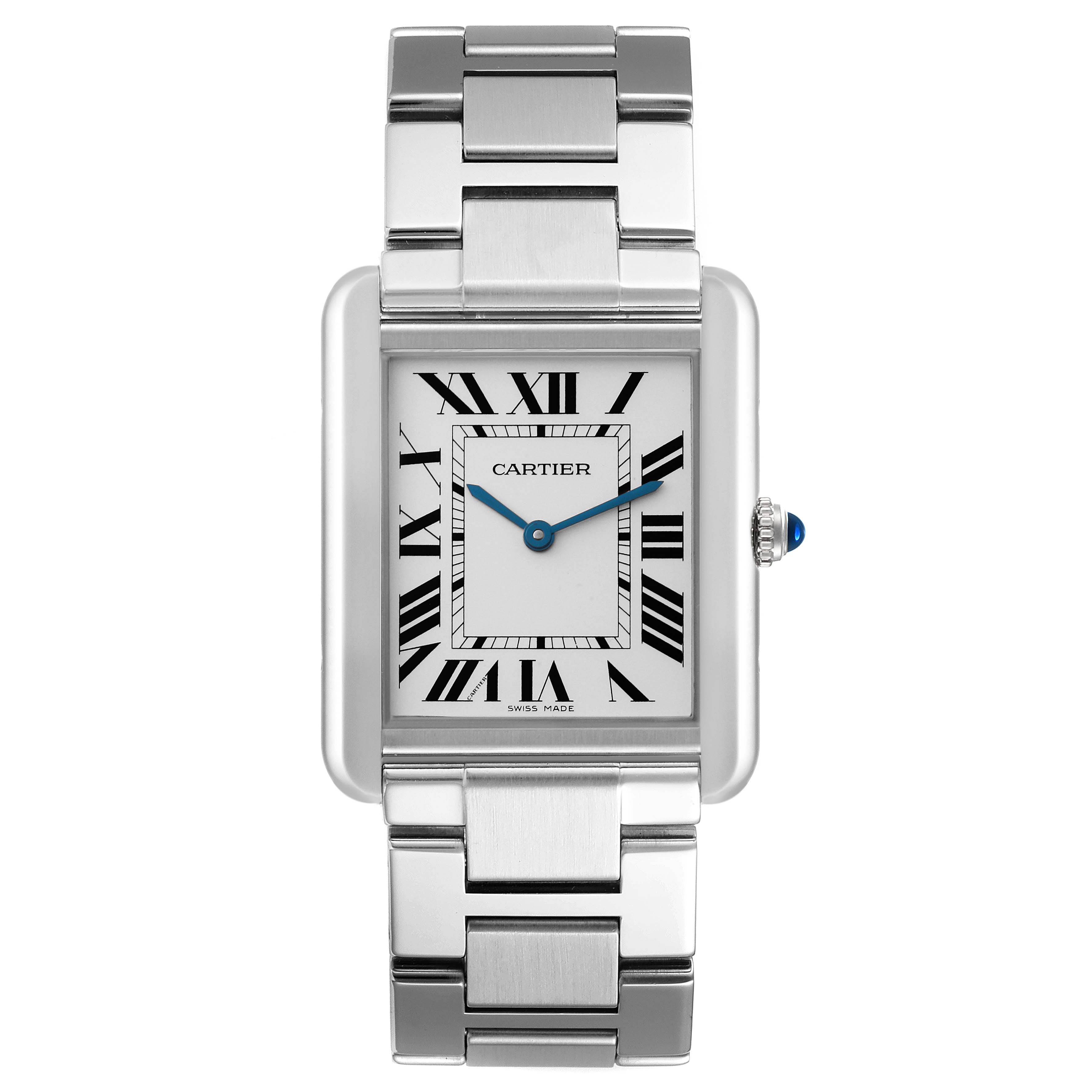 This image shows a front view of the Cartier Tank Solo W5200014 Men
s Stainless Steel Silver Dial W5200014 Men
s Stainless Steel Silver Dial watch, displaying the face, bezel, and bracelet.