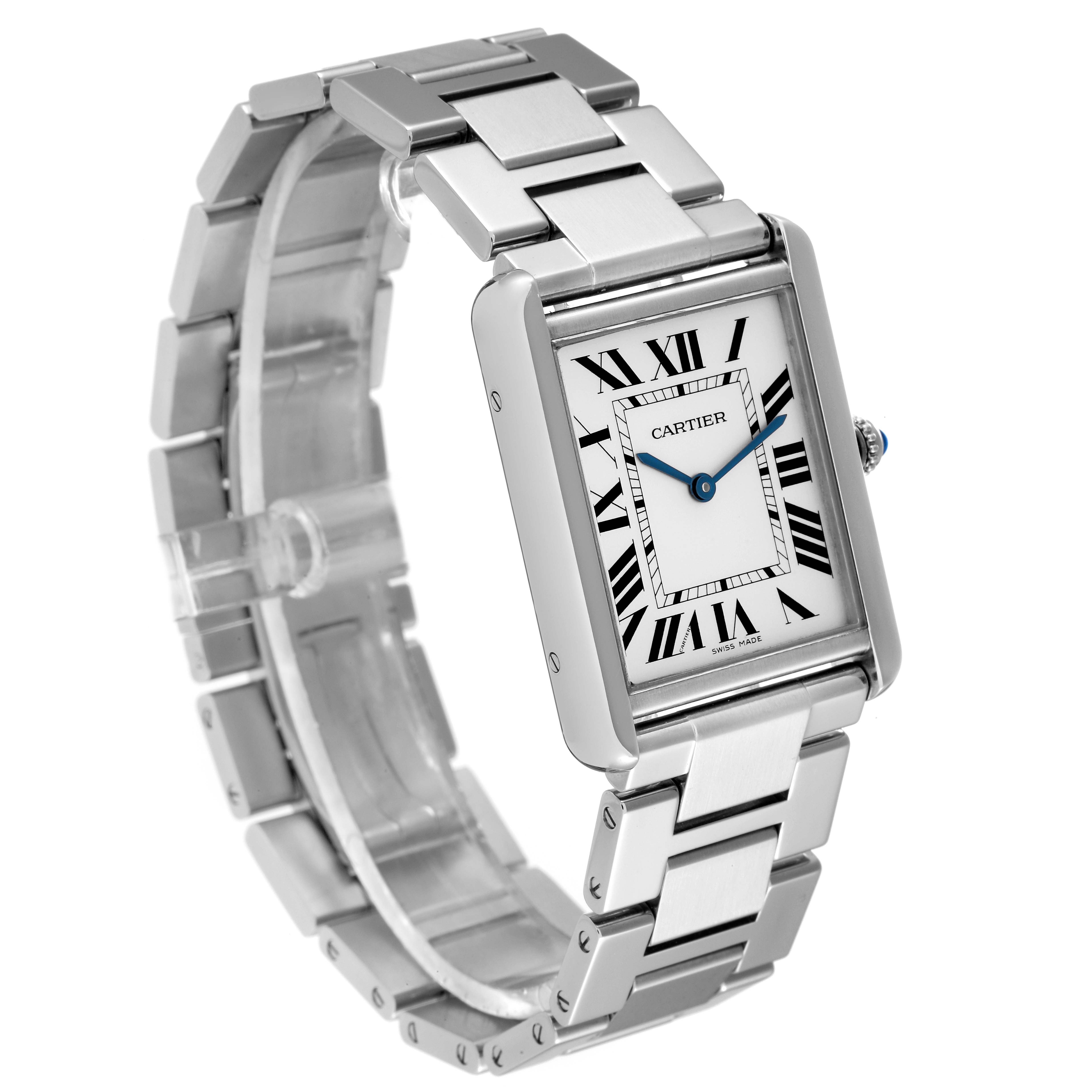 The image shows a Cartier Tank Solo W5200014 Men
s Stainless Steel Silver Dial W5200014 Men
s Stainless Steel Silver Dial watch at a side angle, highlighting its rectangular face and metal link bracelet.