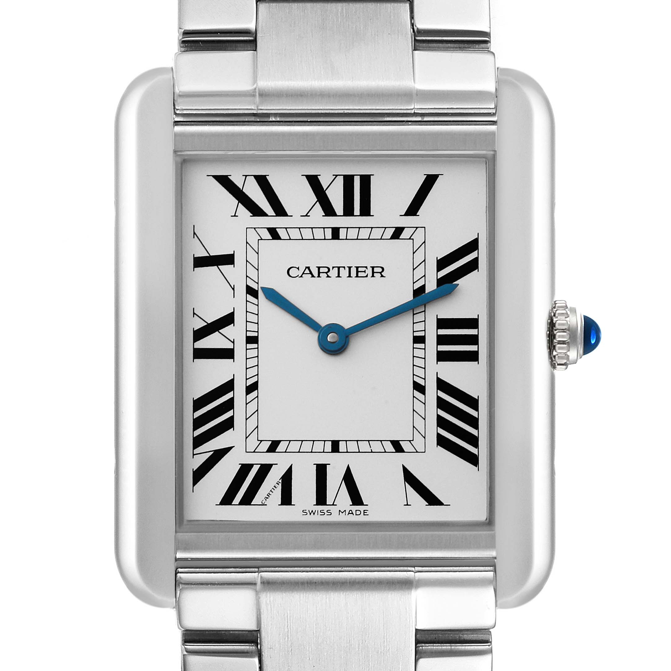 The image shows a front view of the Cartier Tank Solo W5200014 Men
s Stainless Steel Silver Dial W5200014 Men
s Stainless Steel Silver Dial model watch, highlighting its face, bezel, and part of the metal bracelet.