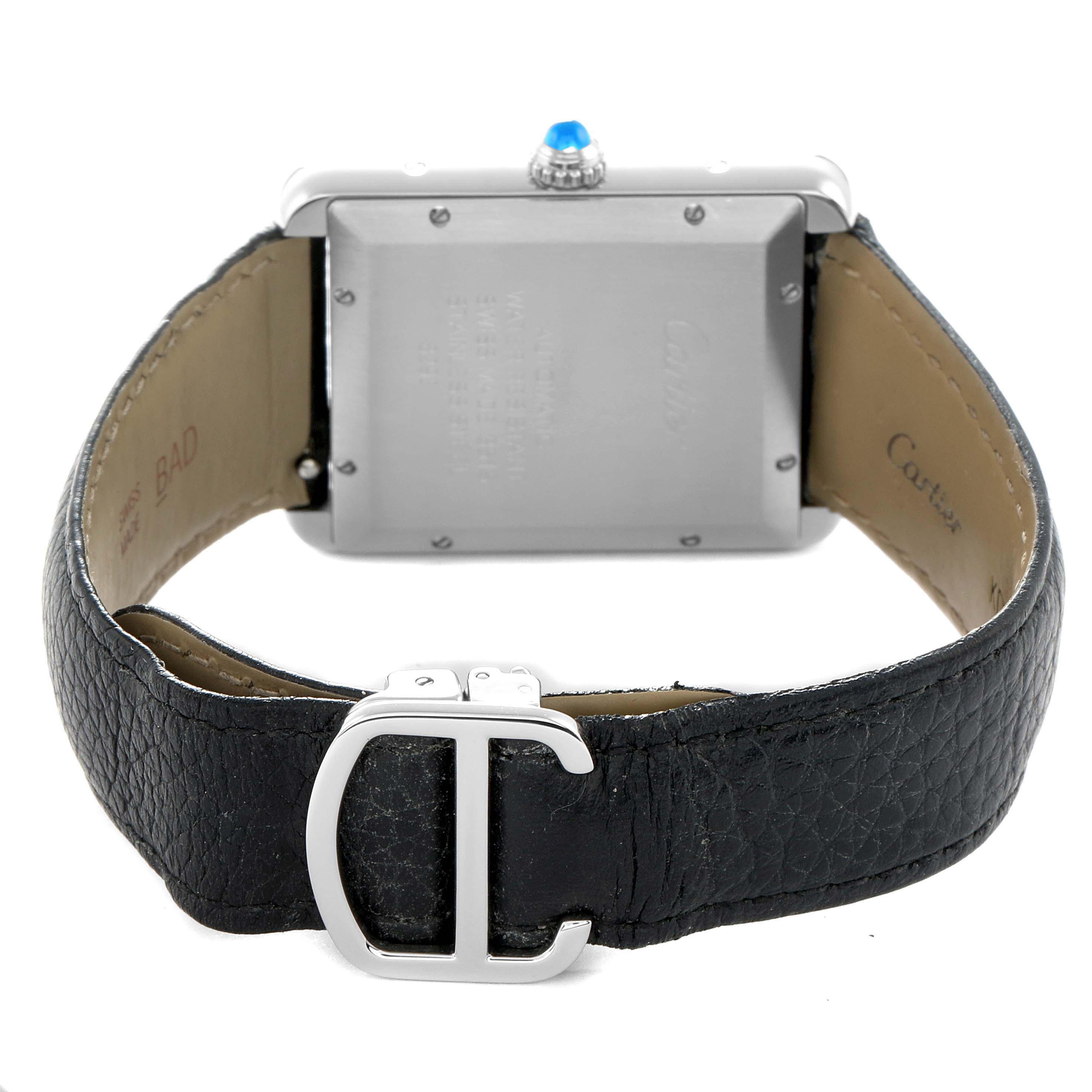 The image shows the back view of a Cartier Tank Solo W5200027 Men
s Stainless Steel Silver Dial watch, displaying the case back, strap, and buckle.