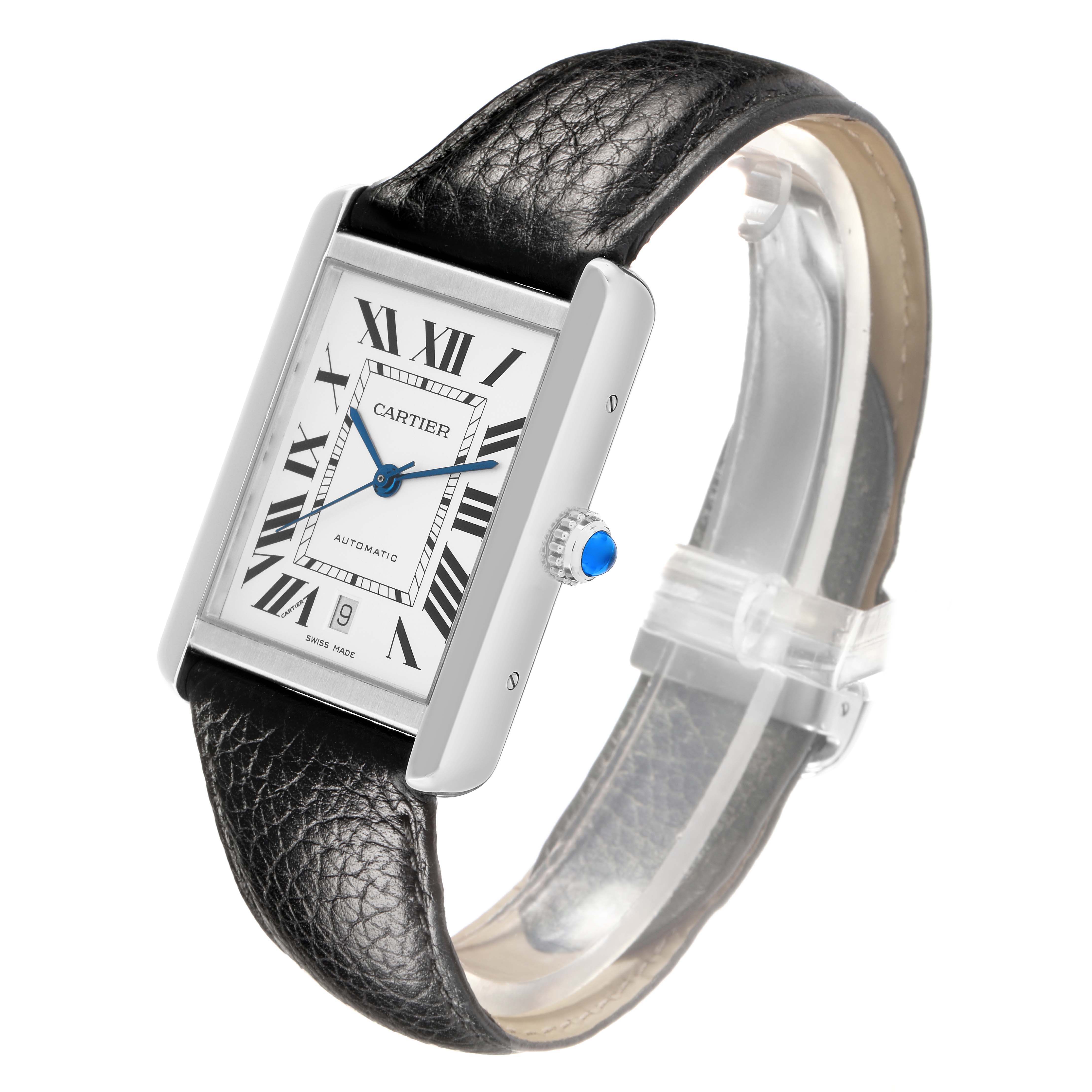 The Cartier Tank Solo W5200027 Men
s Stainless Steel Silver Dial watch is shown at a slight angle, revealing the face, crown, leather strap, and Roman numeral dial.