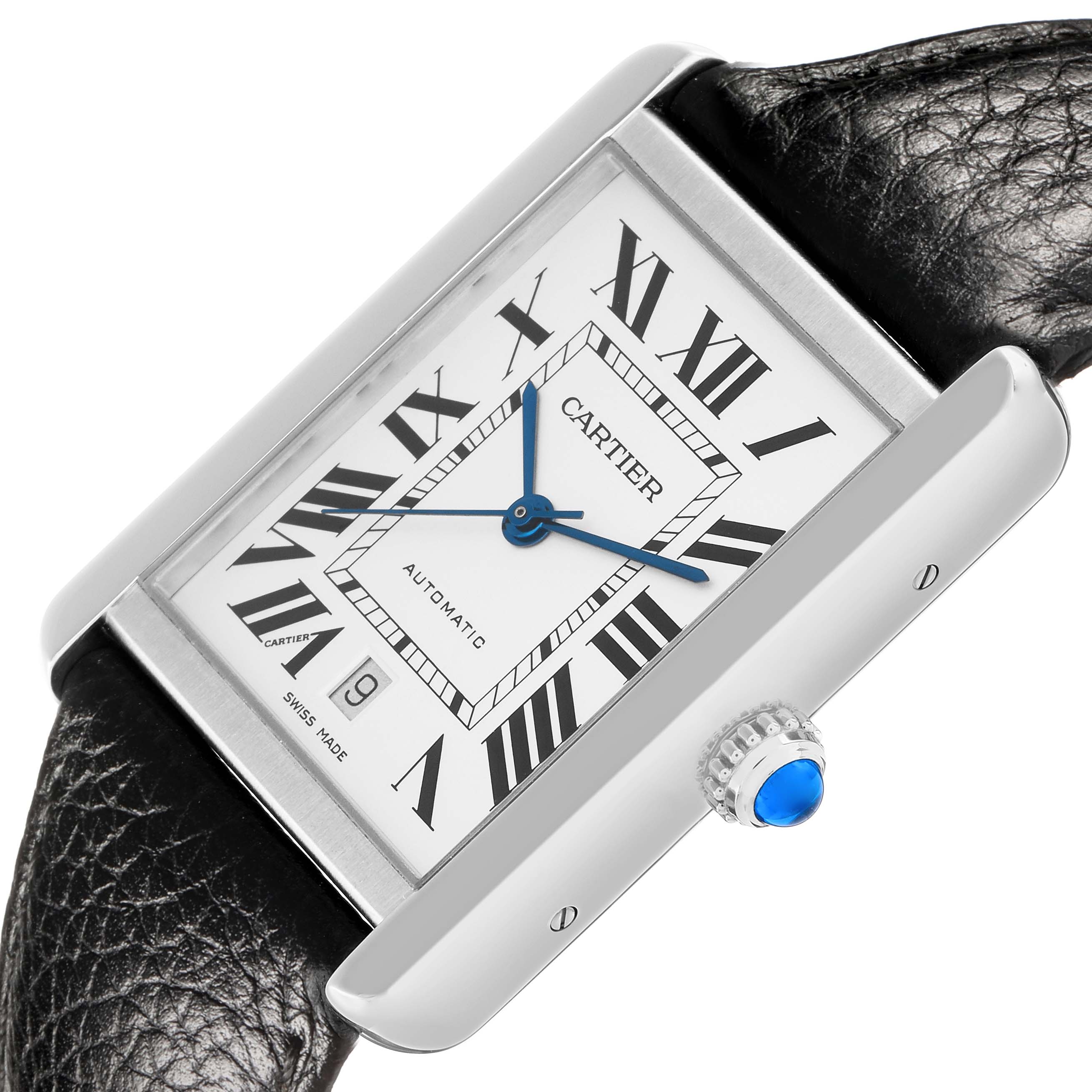 The Cartier Tank Solo W5200027 Men
s Stainless Steel Silver Dial watch is shown at a tilted angle, displaying the face, Roman numerals, blue hands, case, crown, and strap.