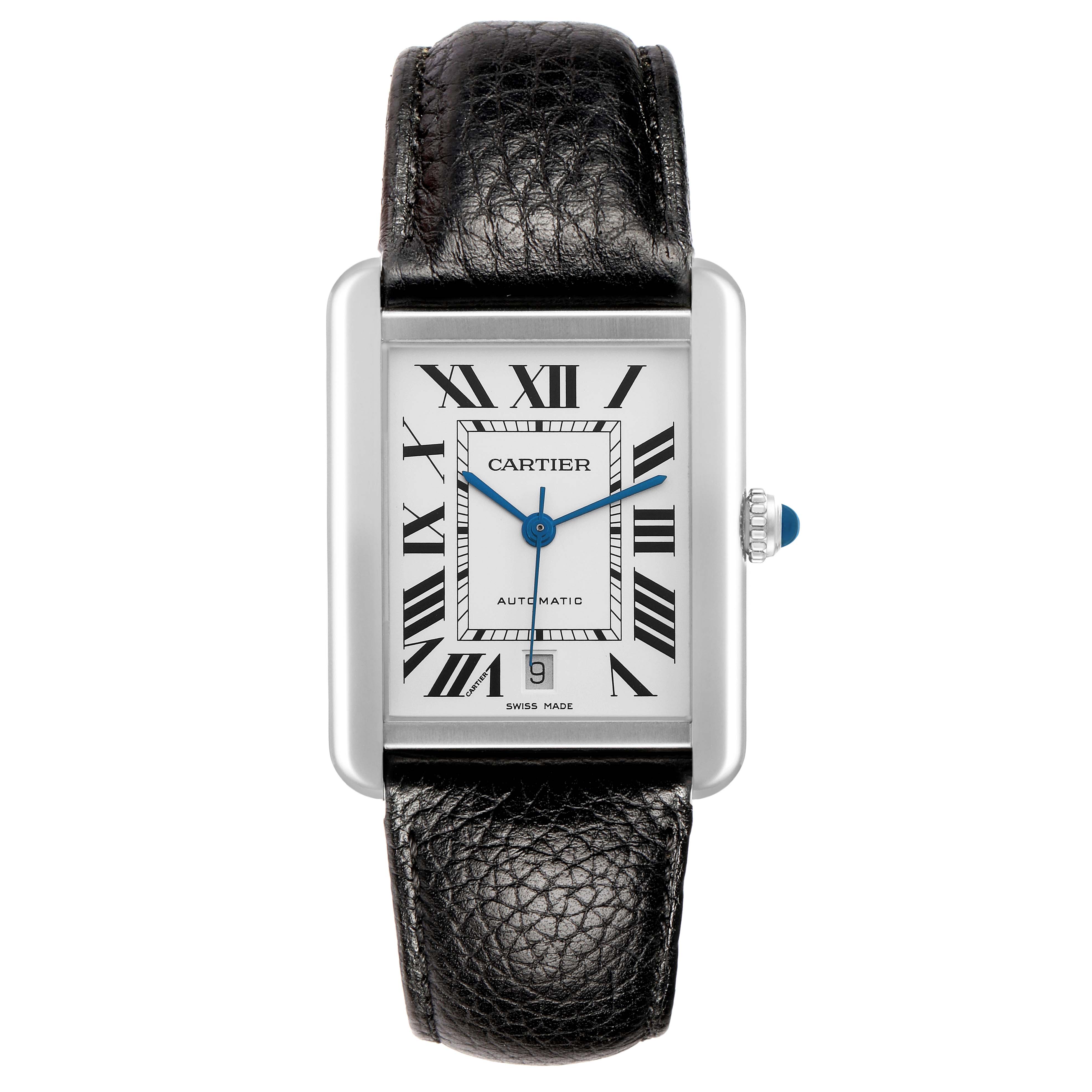 The Cartier Tank Solo W5200027 Men
s Stainless Steel Silver Dial watch is shown from a front angle, displaying the dial, Roman numerals, and leather strap.