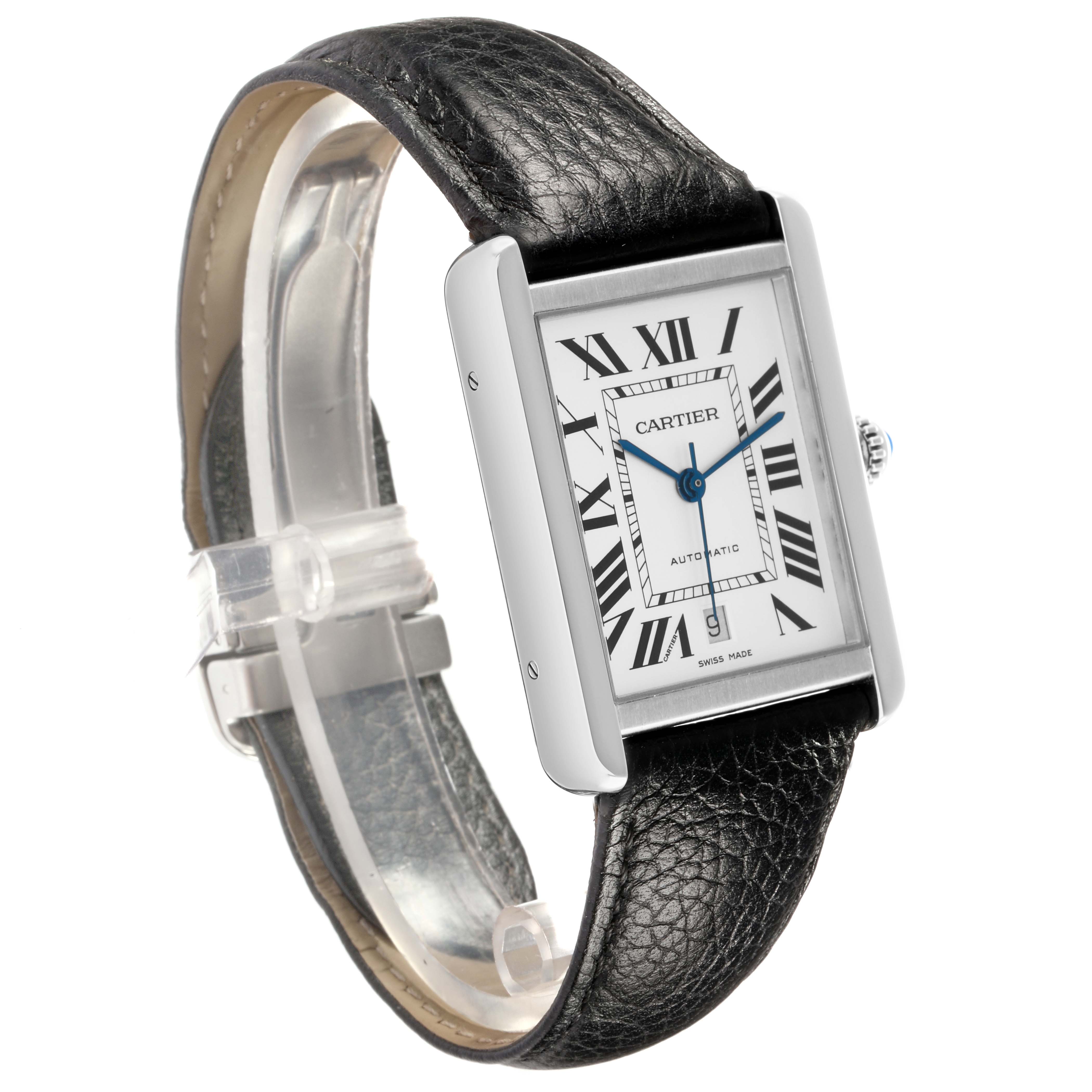 The Cartier Tank Solo W5200027 Men
s Stainless Steel Silver Dial watch is shown at an angled side view, displaying the face, case, and leather strap.