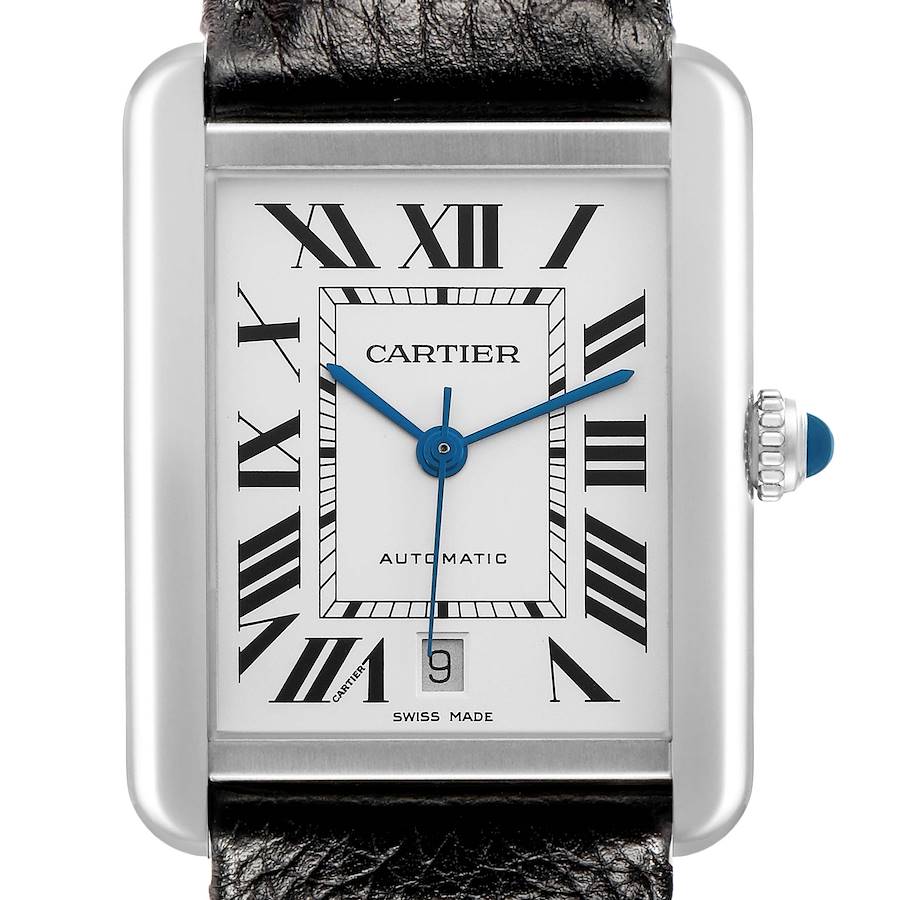 The Cartier Tank Solo W5200027 Men's Stainless Steel Silver Dial watch is shown from a front angle, highlighting the dial, Roman numerals, blue hands, and crown.