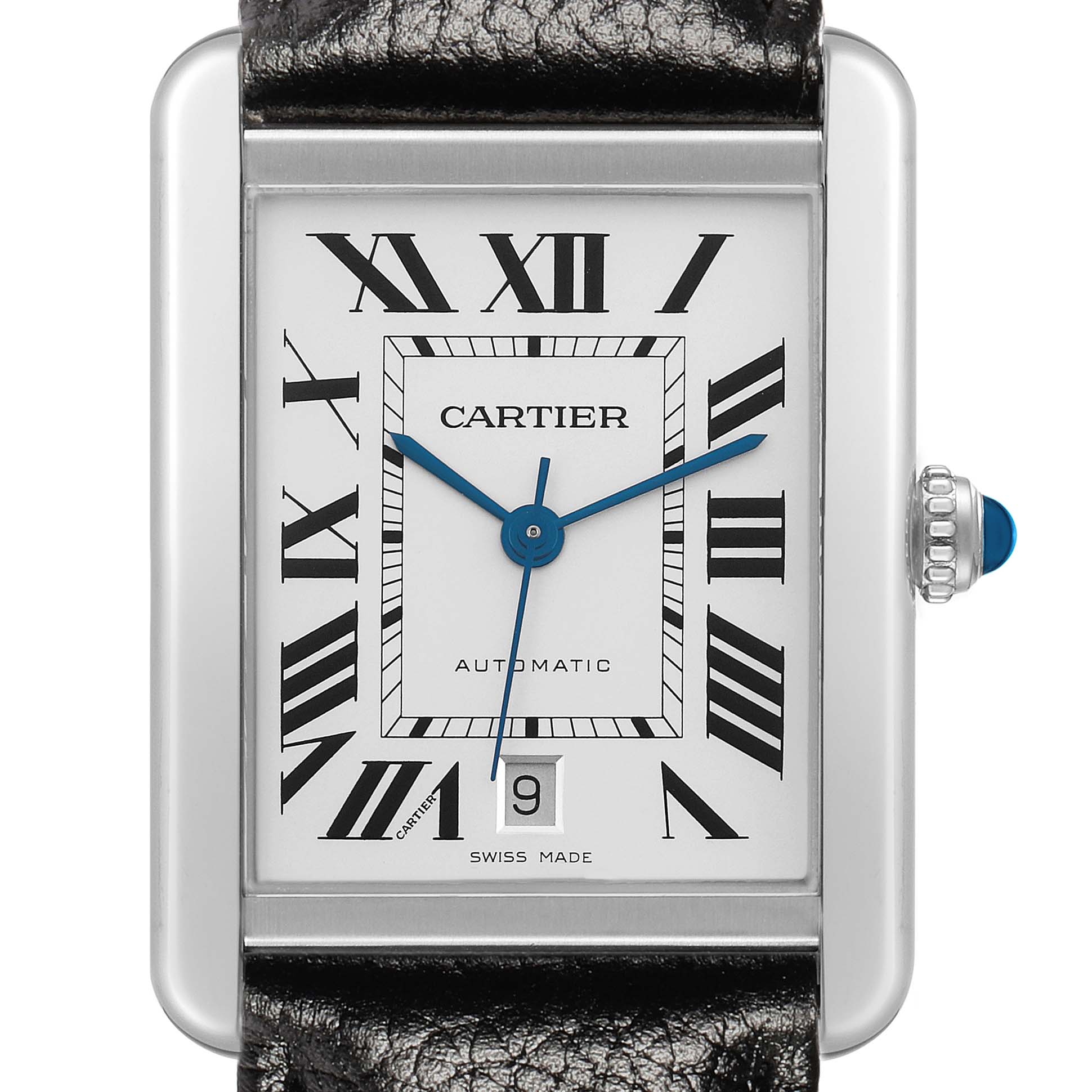The Cartier Tank Solo W5200027 Men
s Stainless Steel Silver Dial watch is shown from a front angle, highlighting its face, Roman numerals, and crown.
