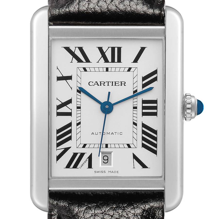 The Cartier Tank Solo W5200027 Men's Stainless Steel Silver Dial watch is shown from a front angle, highlighting its face, Roman numerals, and crown.