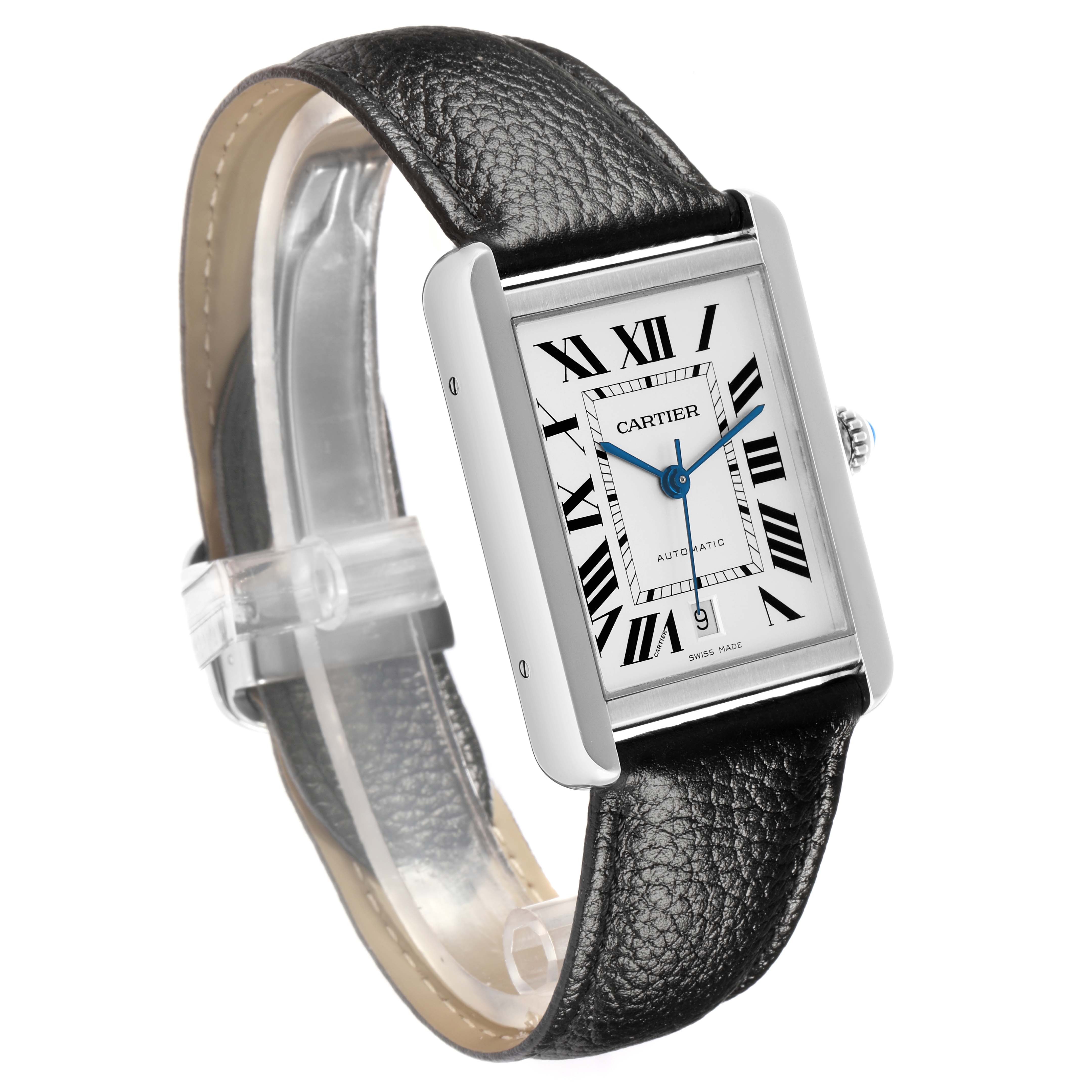 The Cartier Tank Solo W5200027 Men
s Stainless Steel Silver Dial watch is shown at a three-quarter angle, featuring its face, leather strap, and side crown.