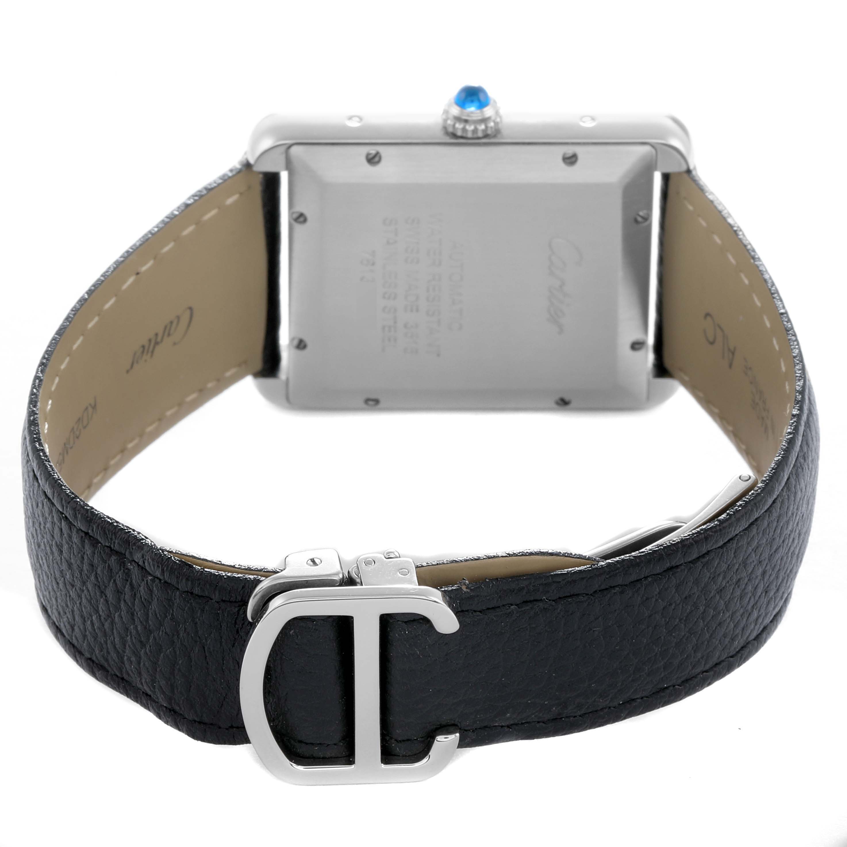 The Cartier Tank Solo W5200027 Men
s Stainless Steel Silver Dial watch is shown from the back, displaying the case back, crown, and black leather strap with buckle.