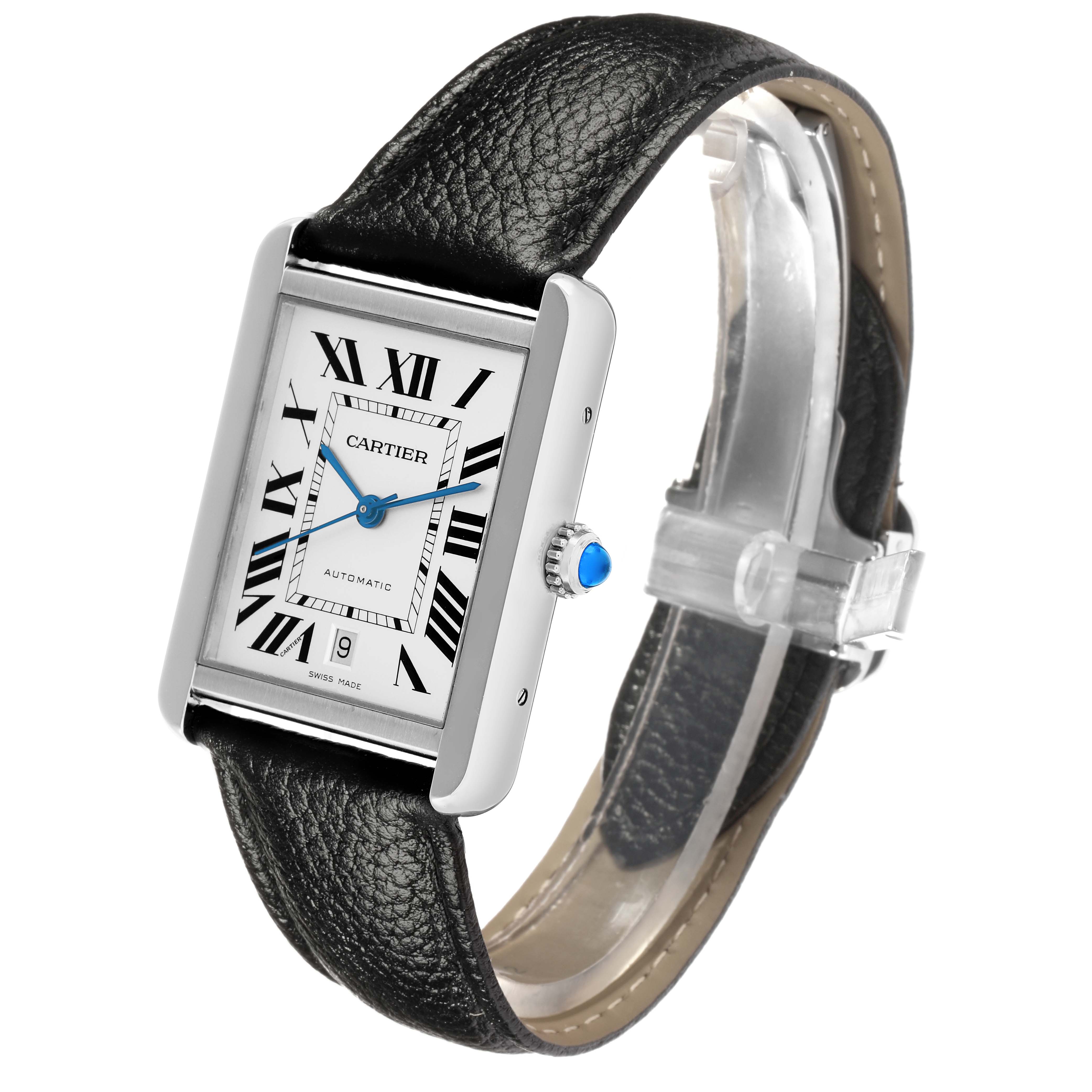 The Cartier Tank Solo W5200027 Men
s Stainless Steel Silver Dial watch is shown at a three-quarter angle, highlighting its face, crown, and leather strap.
